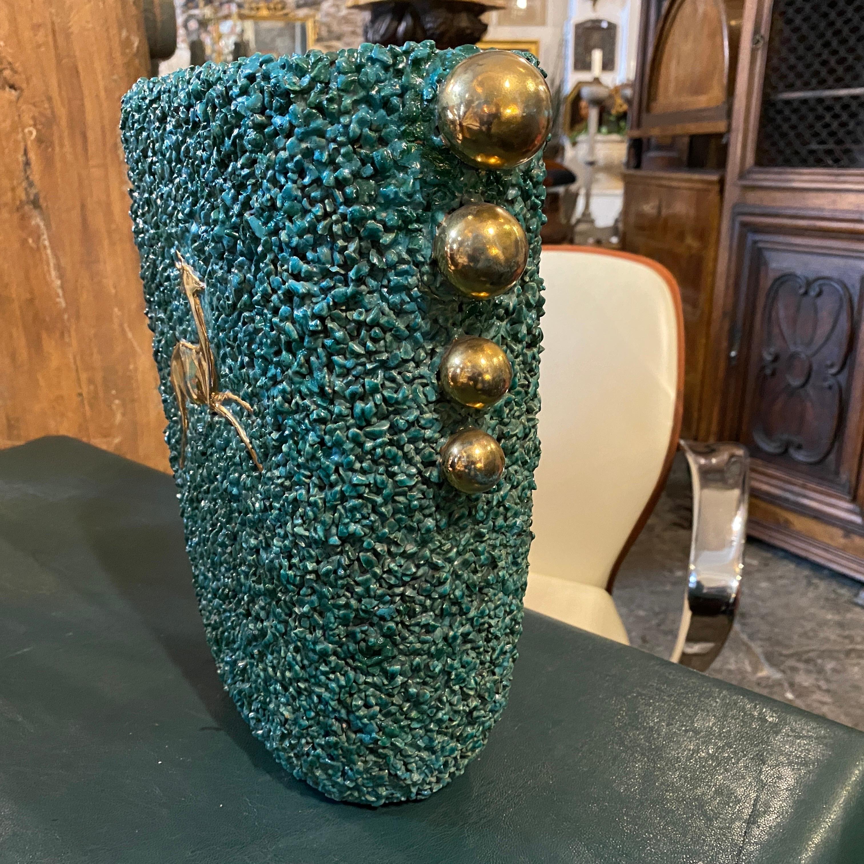 1930s Elegant Gabriele Bicchioni Art Deco Green and Gold Ceramic Italian Vase 6