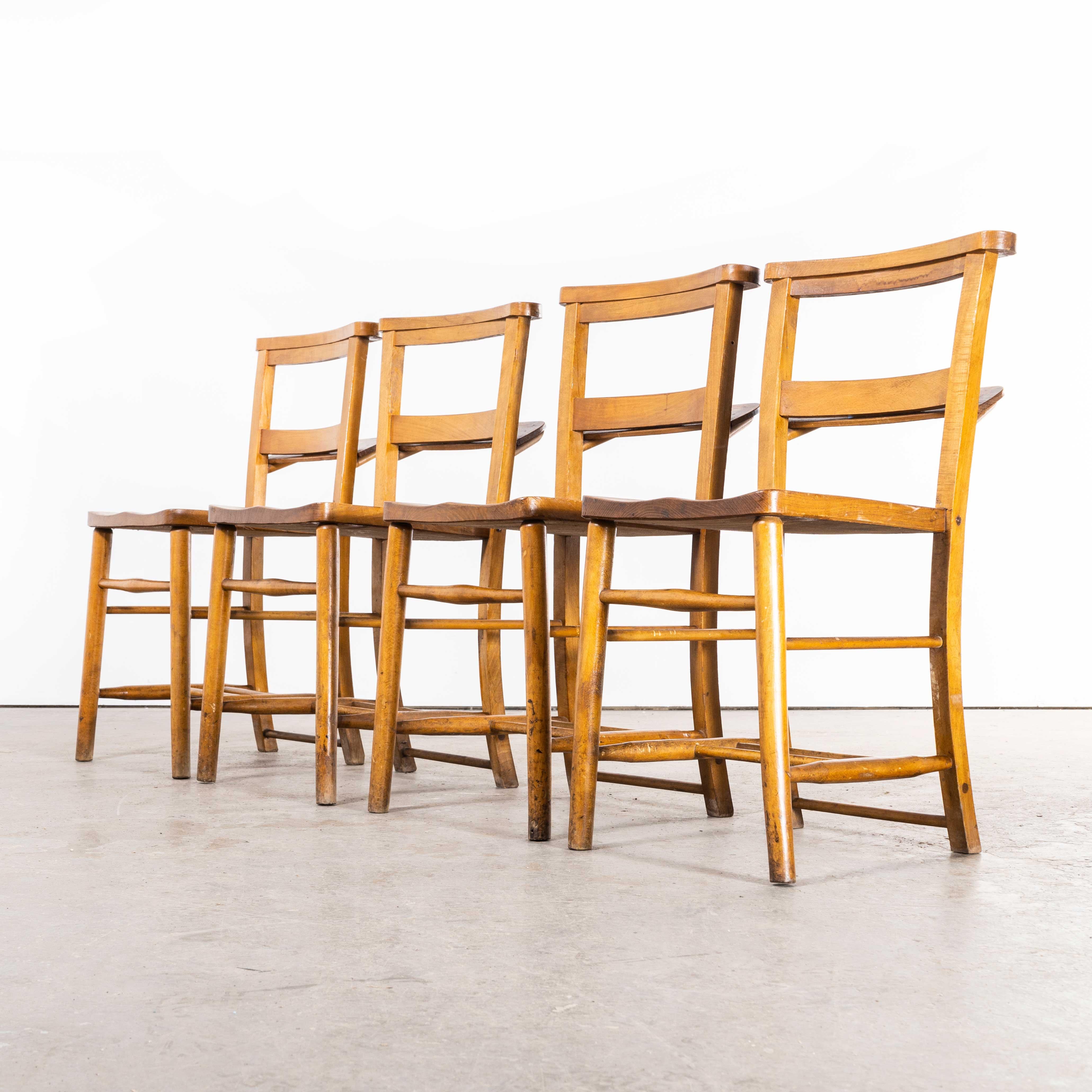 1930s Elm church dining chair – set of four.
1930s Elm church dining chair – set of four. England has a wonderfully rich heritage for making chairs. At the height of production at the turn of the last century over 4500 chairs were being produced