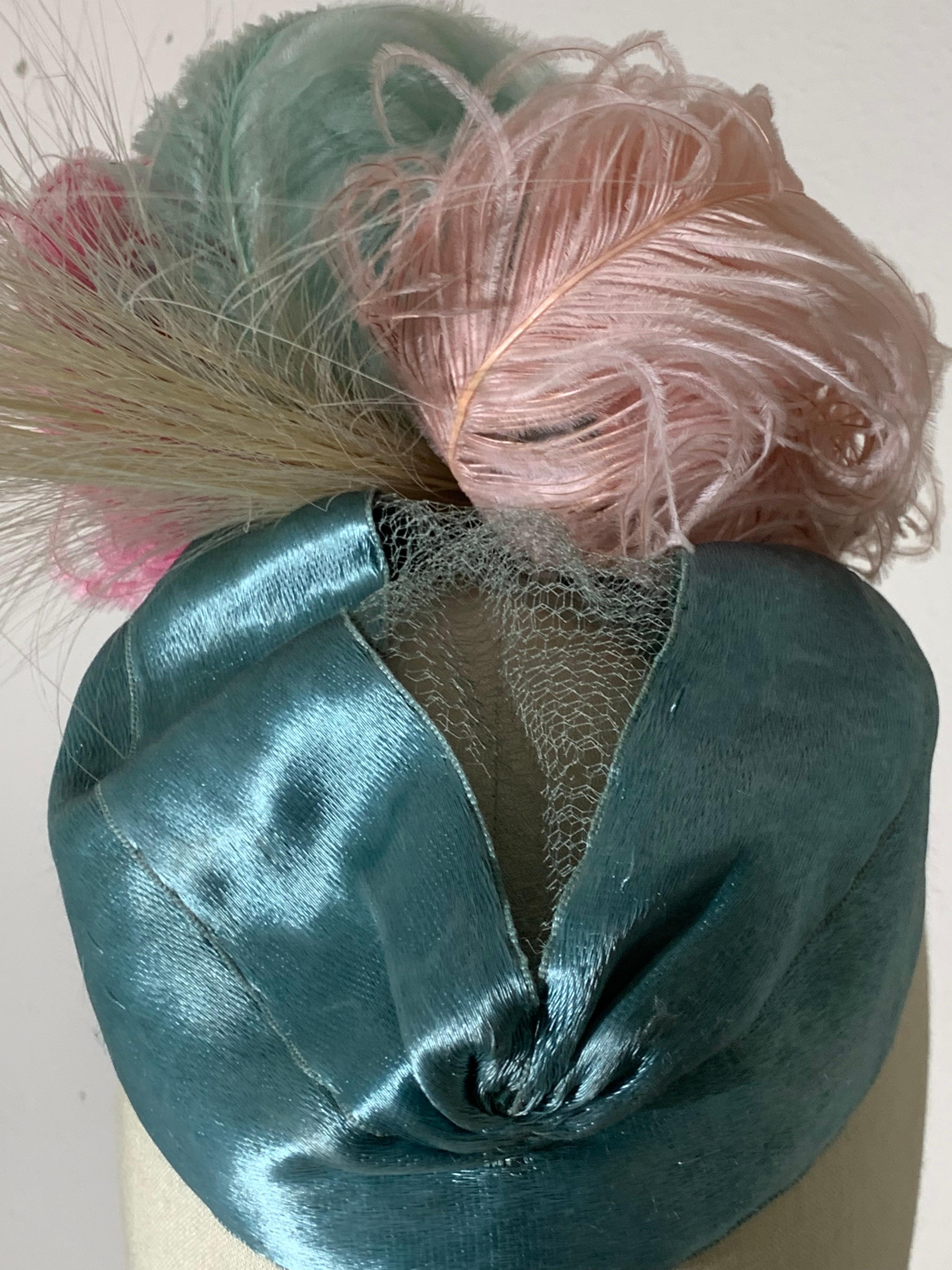 1930s Eloise Robins Egg Blue Silk Panne Velvet & Tulle Hat w Spectacular Feather For Sale 5