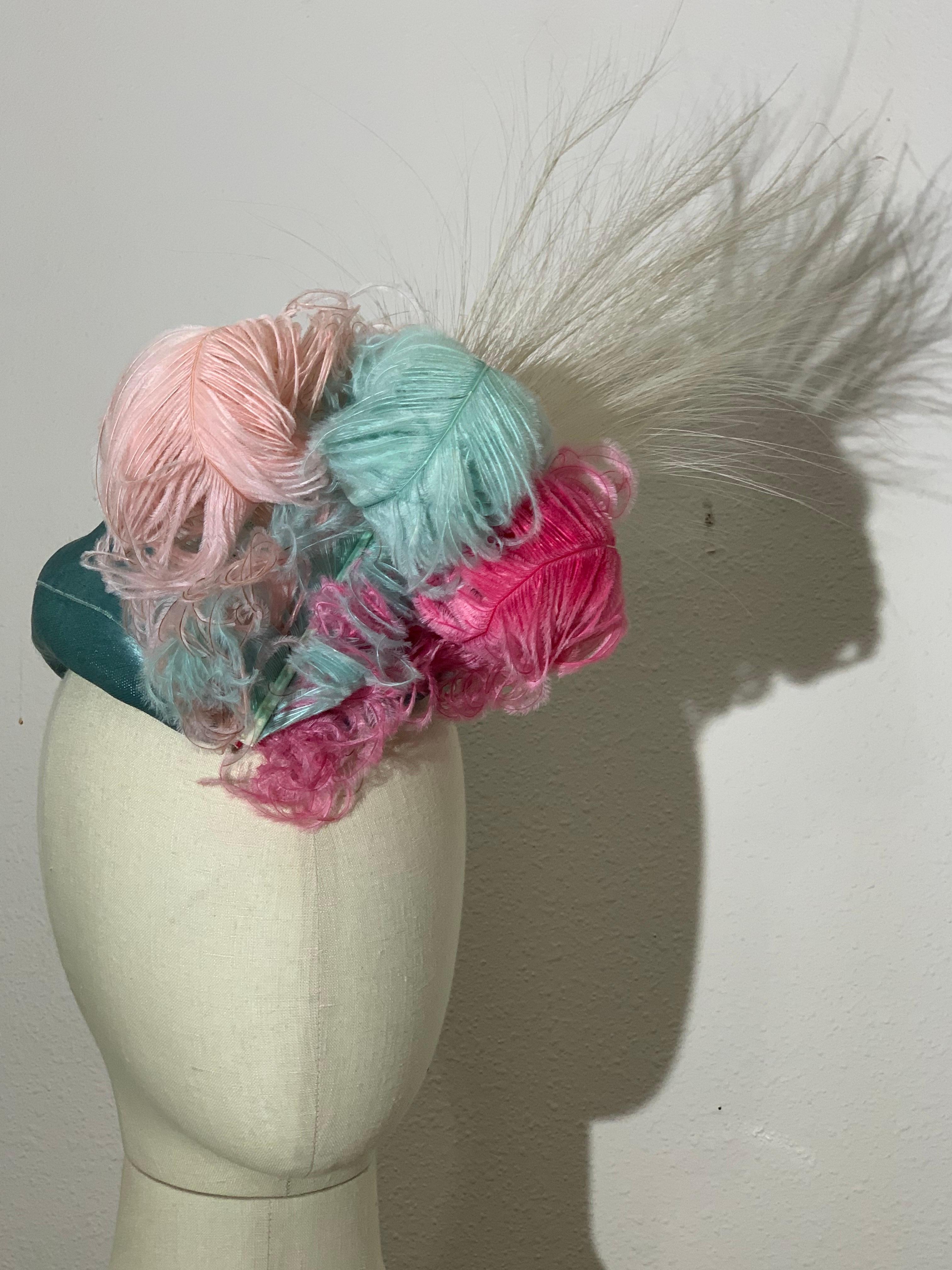 1930s Eloise Robins Egg Blue Silk Panne Velvet & Tulle Hat w Spectacular Feather For Sale 6