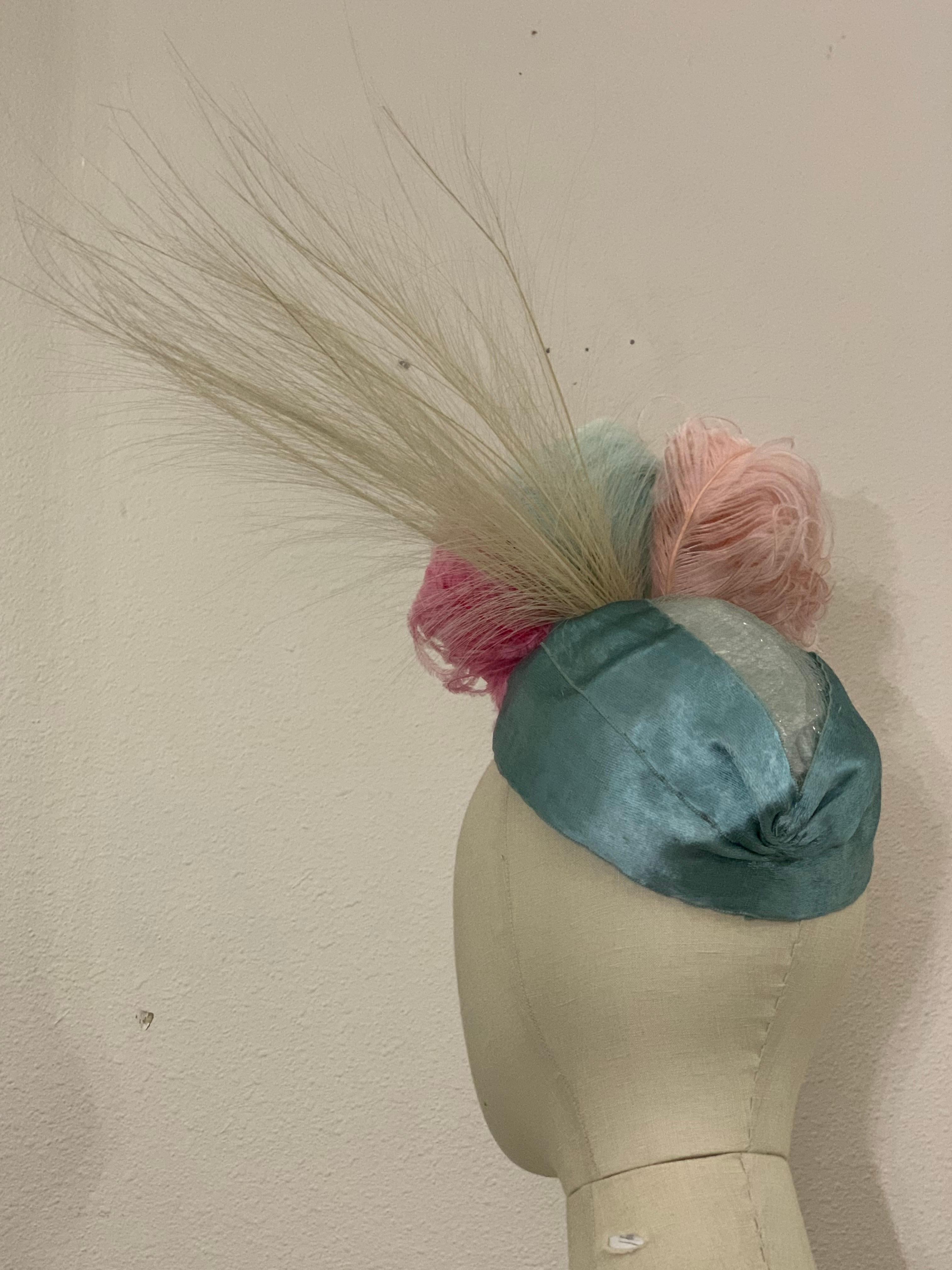 1930s Eloise Robins Egg Blue Silk Panne Velvet & Tulle Hat w Spectacular Feather:  This is a true Deco-era beauty. A simple extra-wide silk panne ribbon is pinched, gathered and closed at top with a tulle panel. At center front is a luxurious,