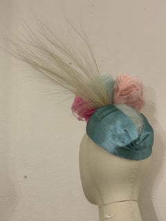 1930s Eloise Robins Egg Blue Silk Panne Velvet & Tulle Hat w Spectacular Feather