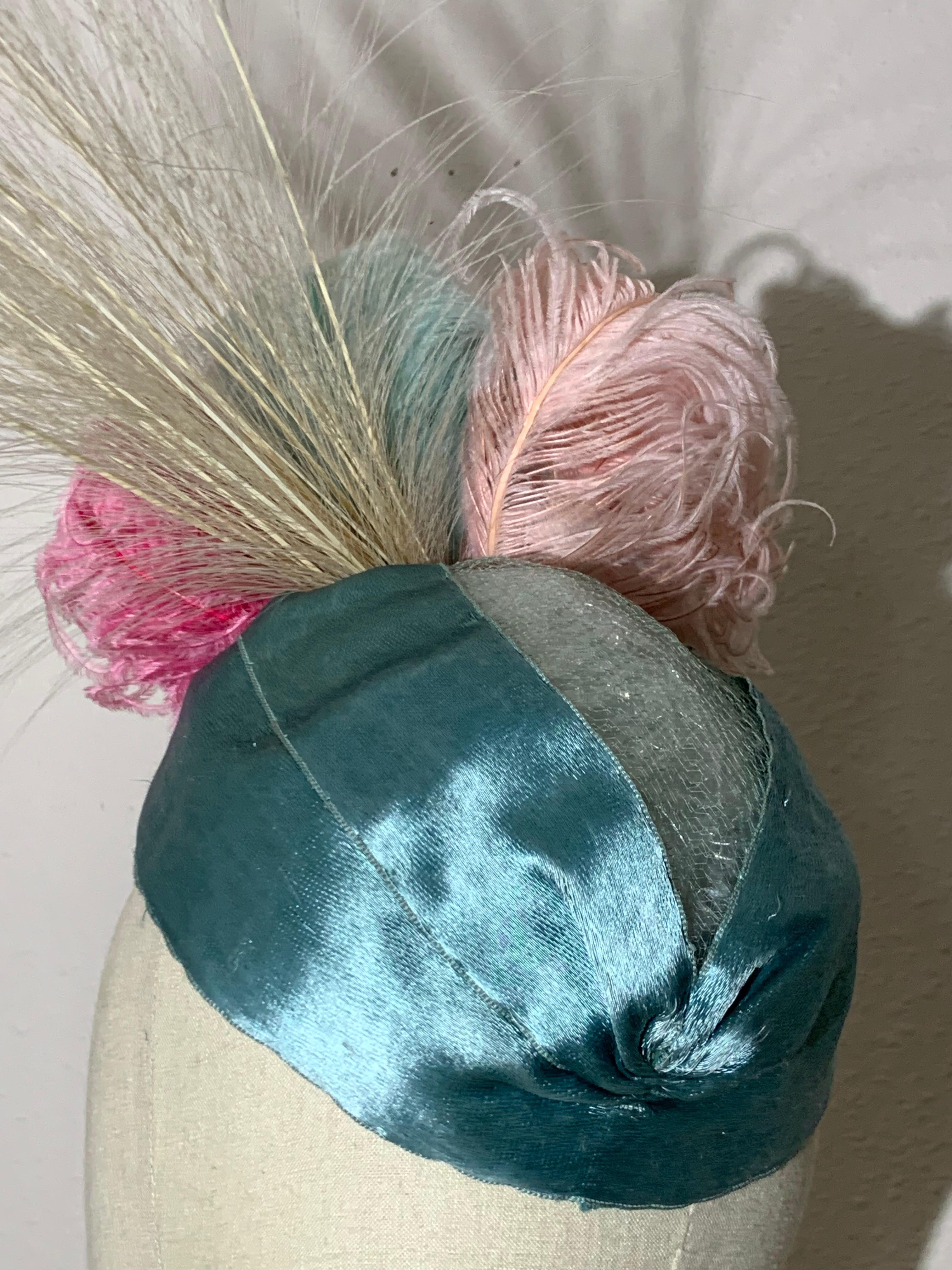 Gray 1930s Eloise Robins Egg Blue Silk Panne Velvet & Tulle Hat w Spectacular Feather For Sale