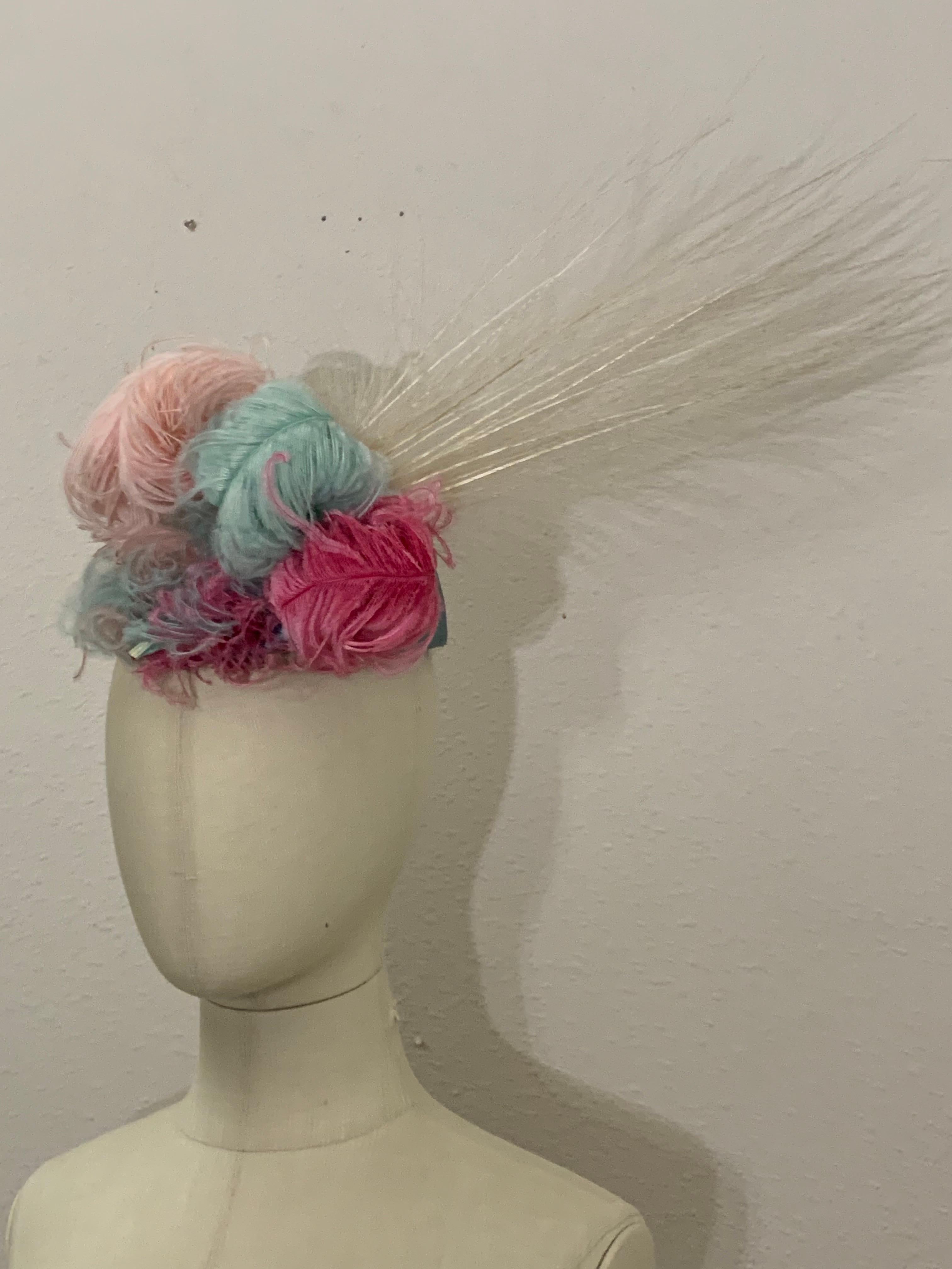 1930s Eloise Robins Egg Blue Silk Panne Velvet & Tulle Hat w Spectacular Feather In Excellent Condition For Sale In Gresham, OR