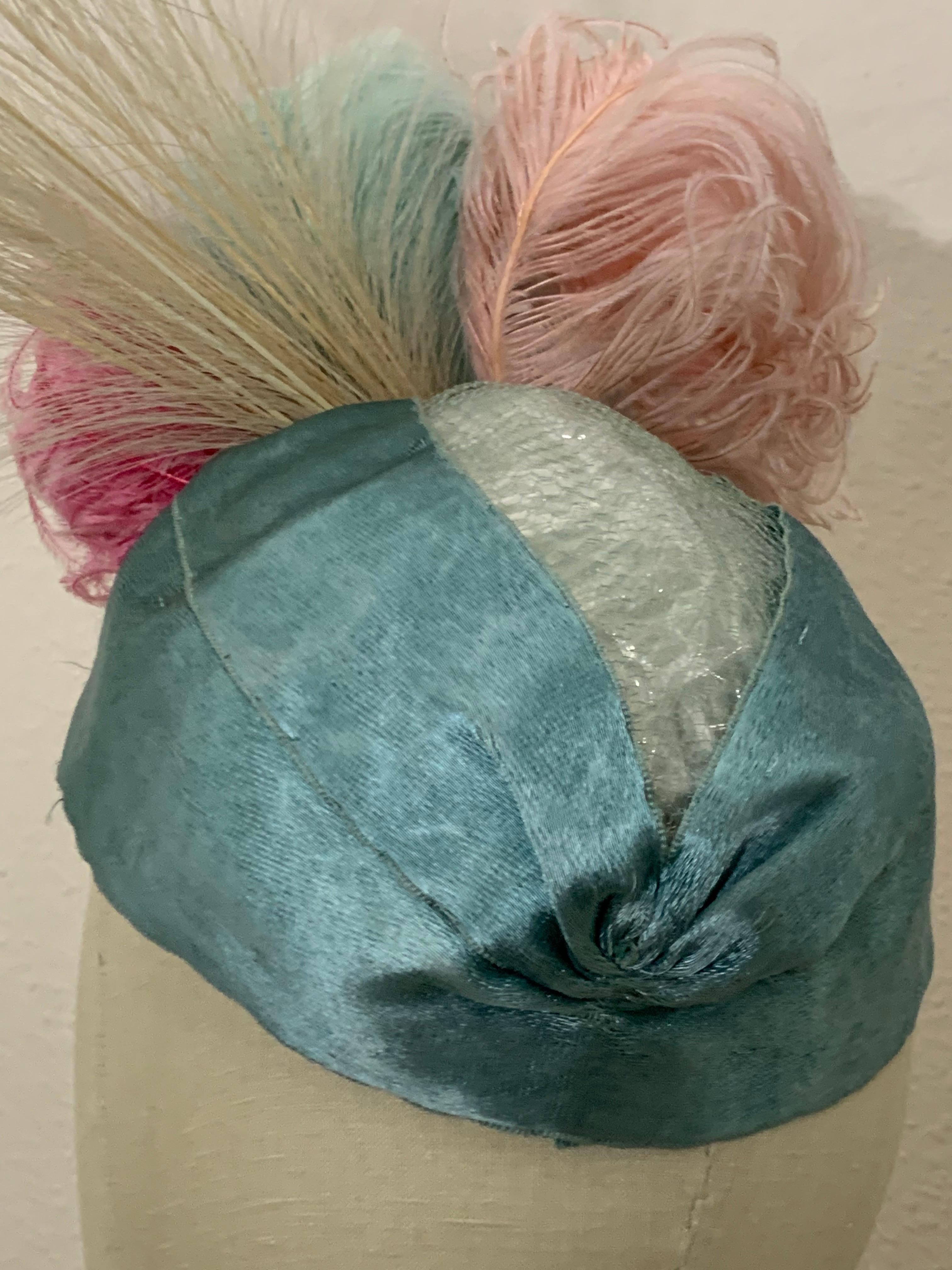 Women's 1930s Eloise Robins Egg Blue Silk Panne Velvet & Tulle Hat w Spectacular Feather For Sale