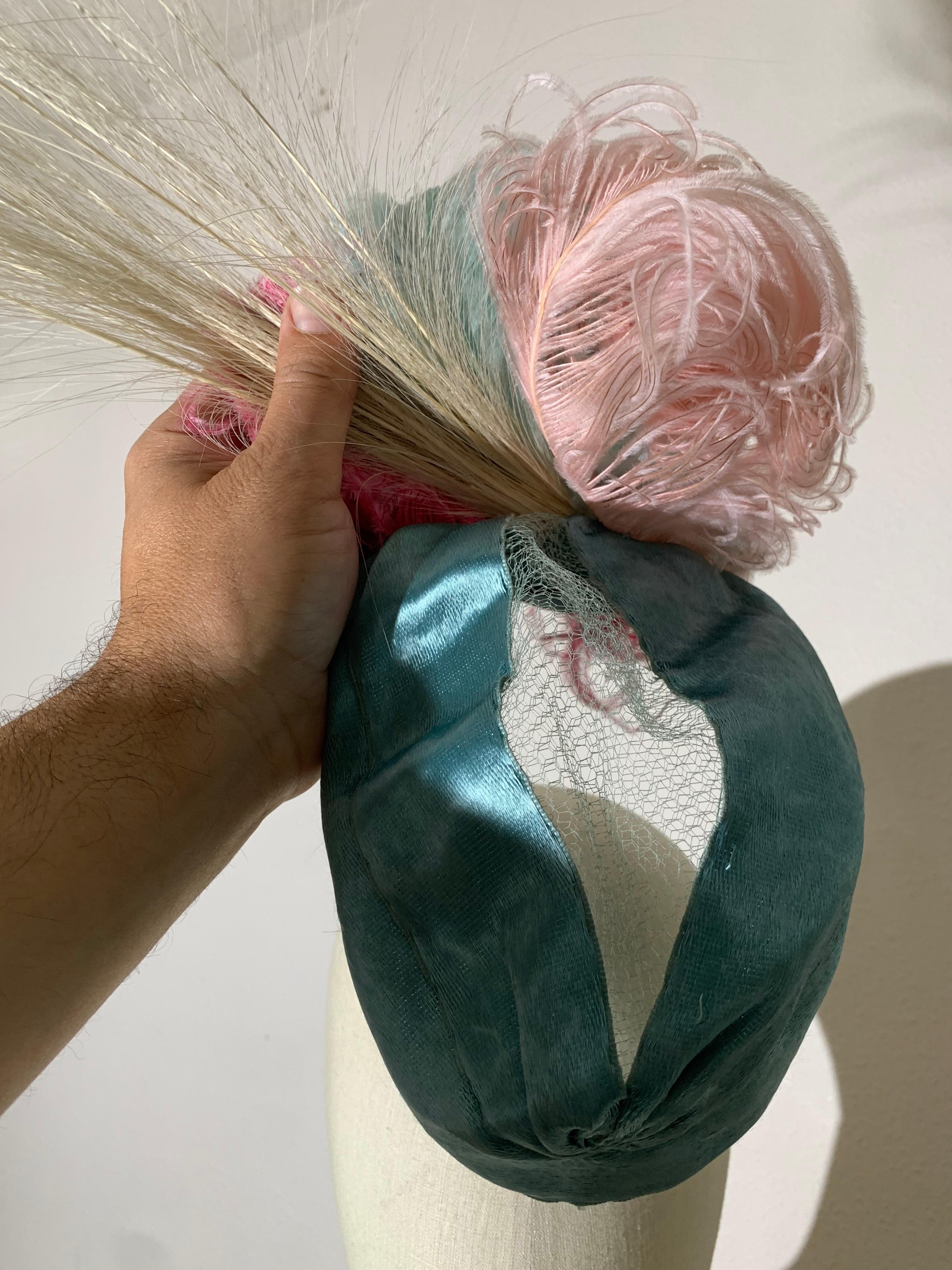 1930s Eloise Robins Egg Blue Silk Panne Velvet & Tulle Hat w Spectacular Feather For Sale 2