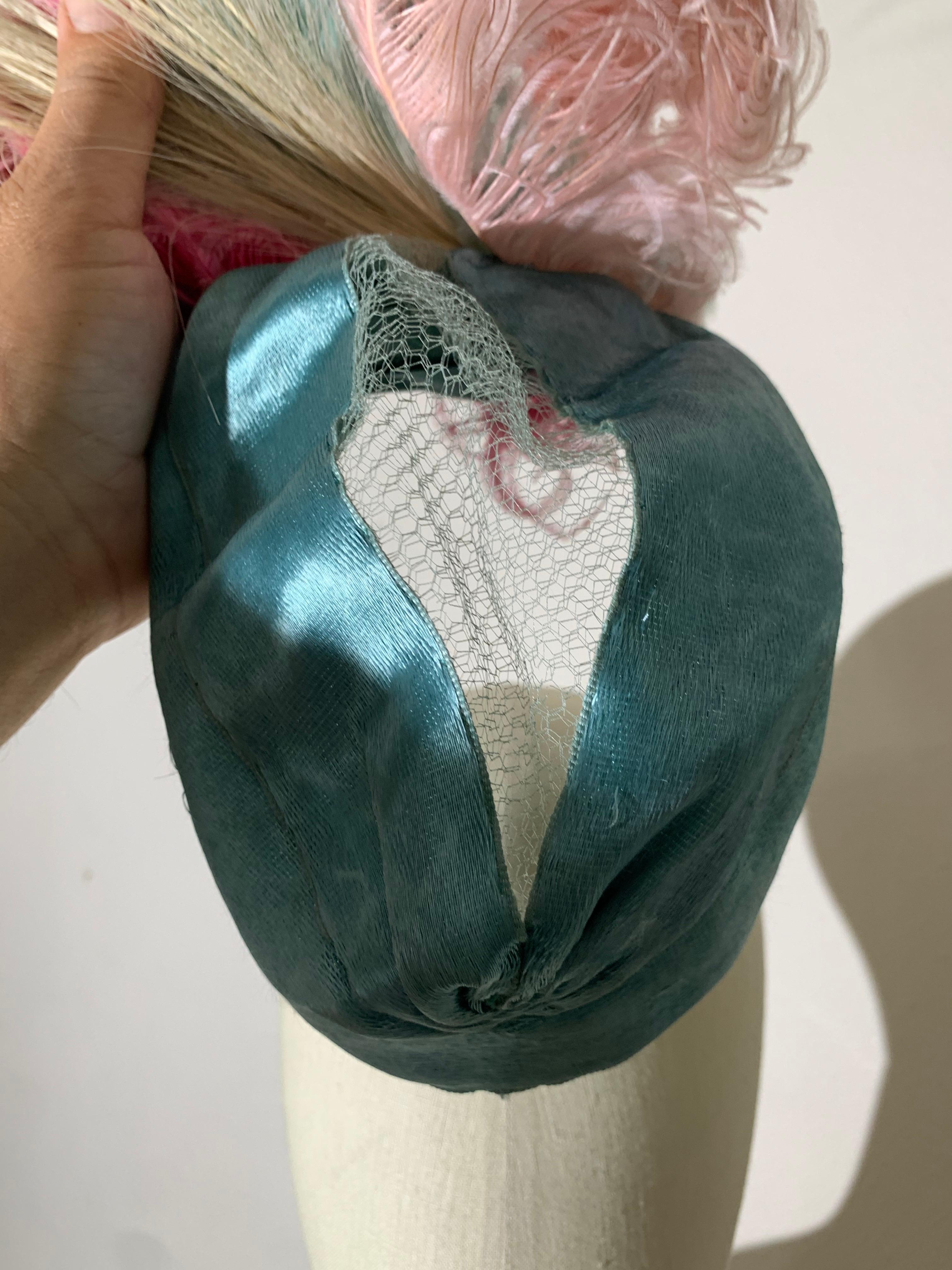 1930s Eloise Robins Egg Blue Silk Panne Velvet & Tulle Hat w Spectacular Feather For Sale 3