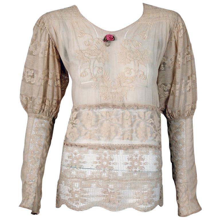 1930's Embroidered Ecru Mixed Lace Crochet Sheer Puff-Sleeve Bohemian Blouse