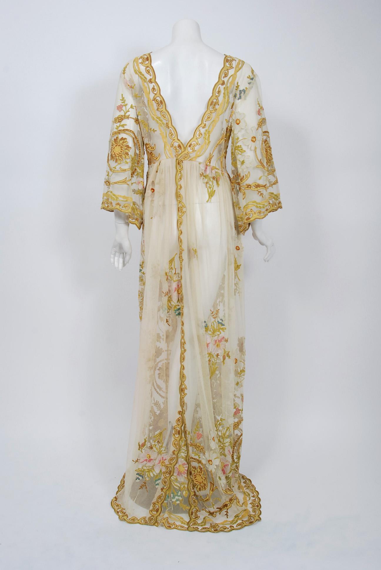 1930's Embroidered Floral Garden Applique Sheer Tulle Full-Length Boudior Gown 1