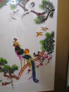 1930s Embroidered Panel, Korean, Silk Cotton, Bird Motif, Art Deco