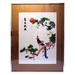 Bestickte Tafel, Koreanisch, Seide Baumwolle, Vogelmotiv, Art déco, 1930er Jahre