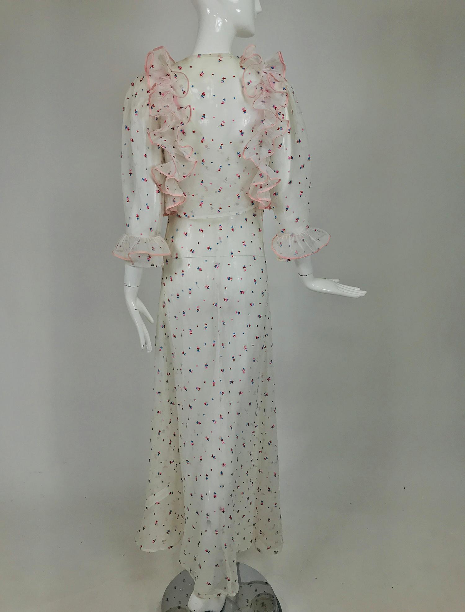 1930s Embroidered White Organdy Ruffle Trim Bias Dress and Jacket Vintage In Good Condition In West Palm Beach, FL