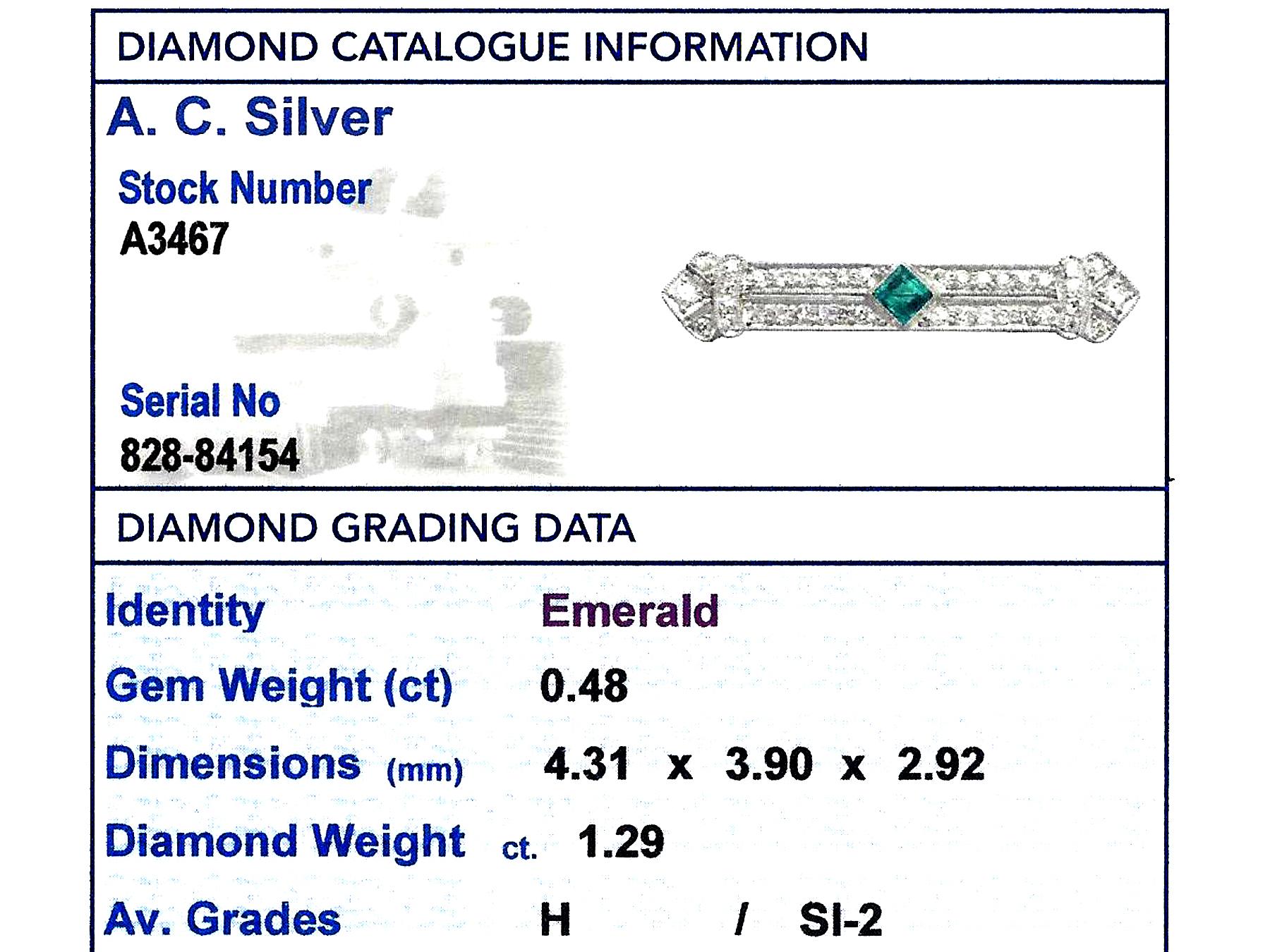 1930s Emerald 1.29 Carat Diamond Platinum Brooch 3