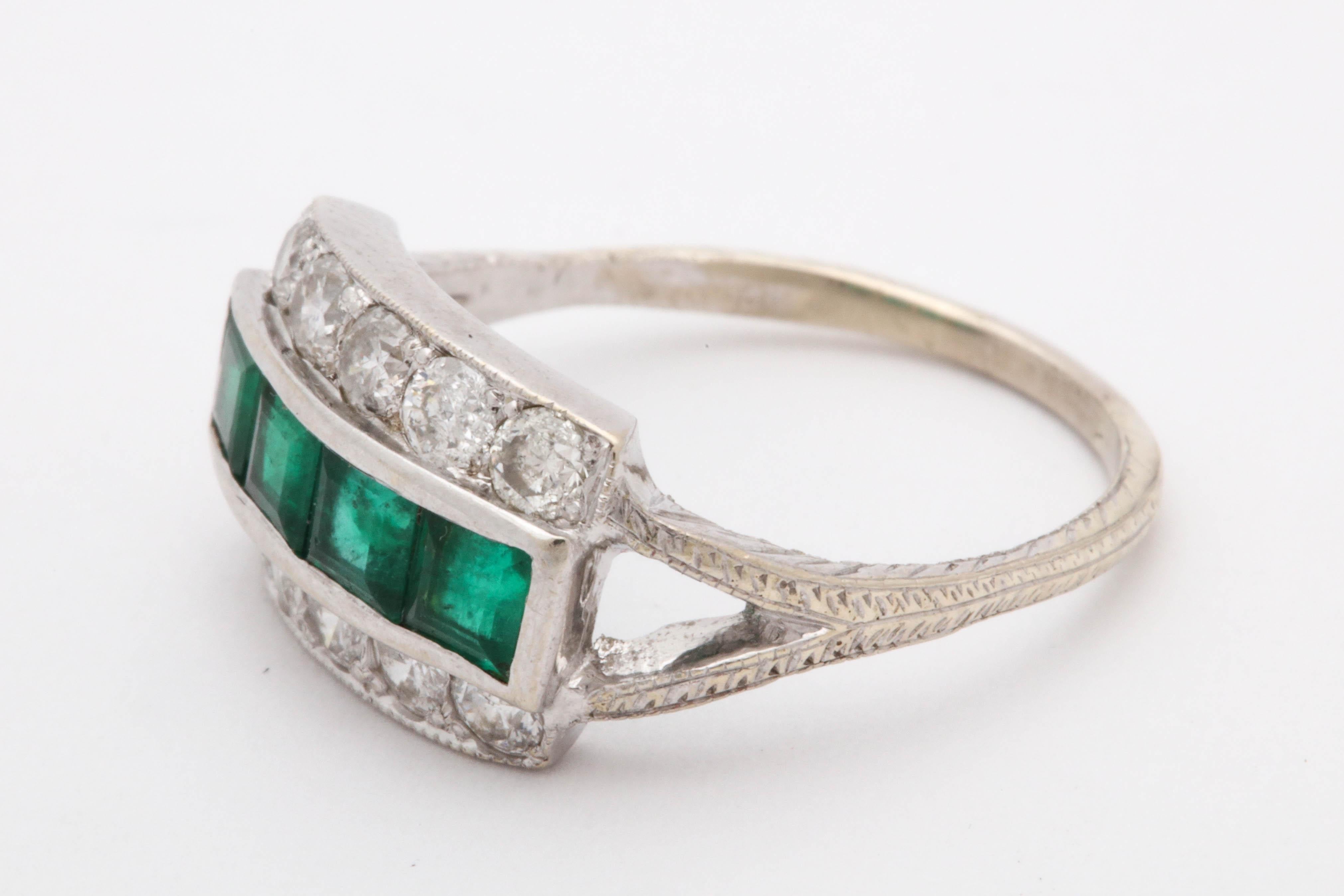 Women's 1930s Emerald Cut Emeralds with Diamonds Band Style White Gold Ring