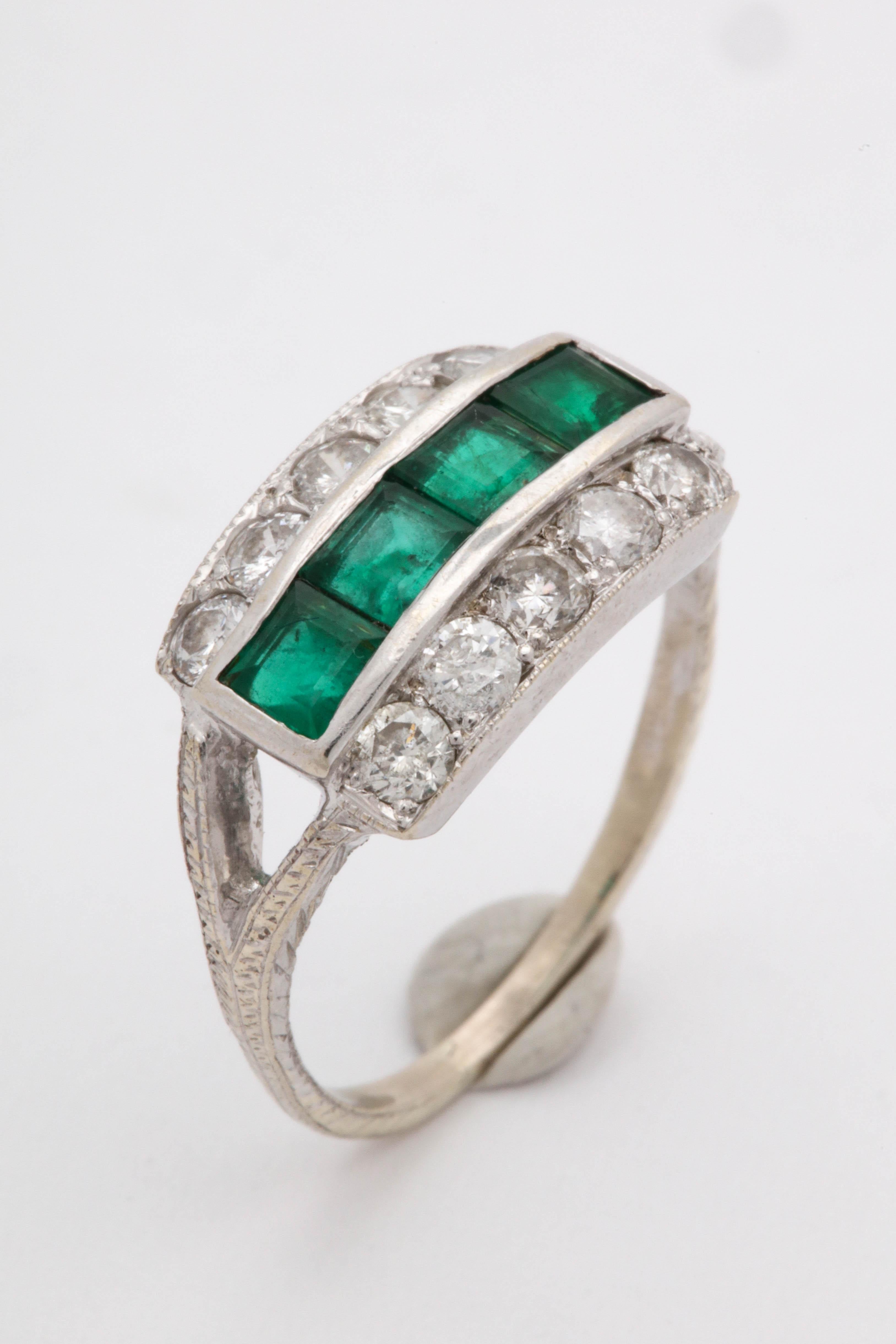 1930s Emerald Cut Emeralds with Diamonds Band Style White Gold Ring 1