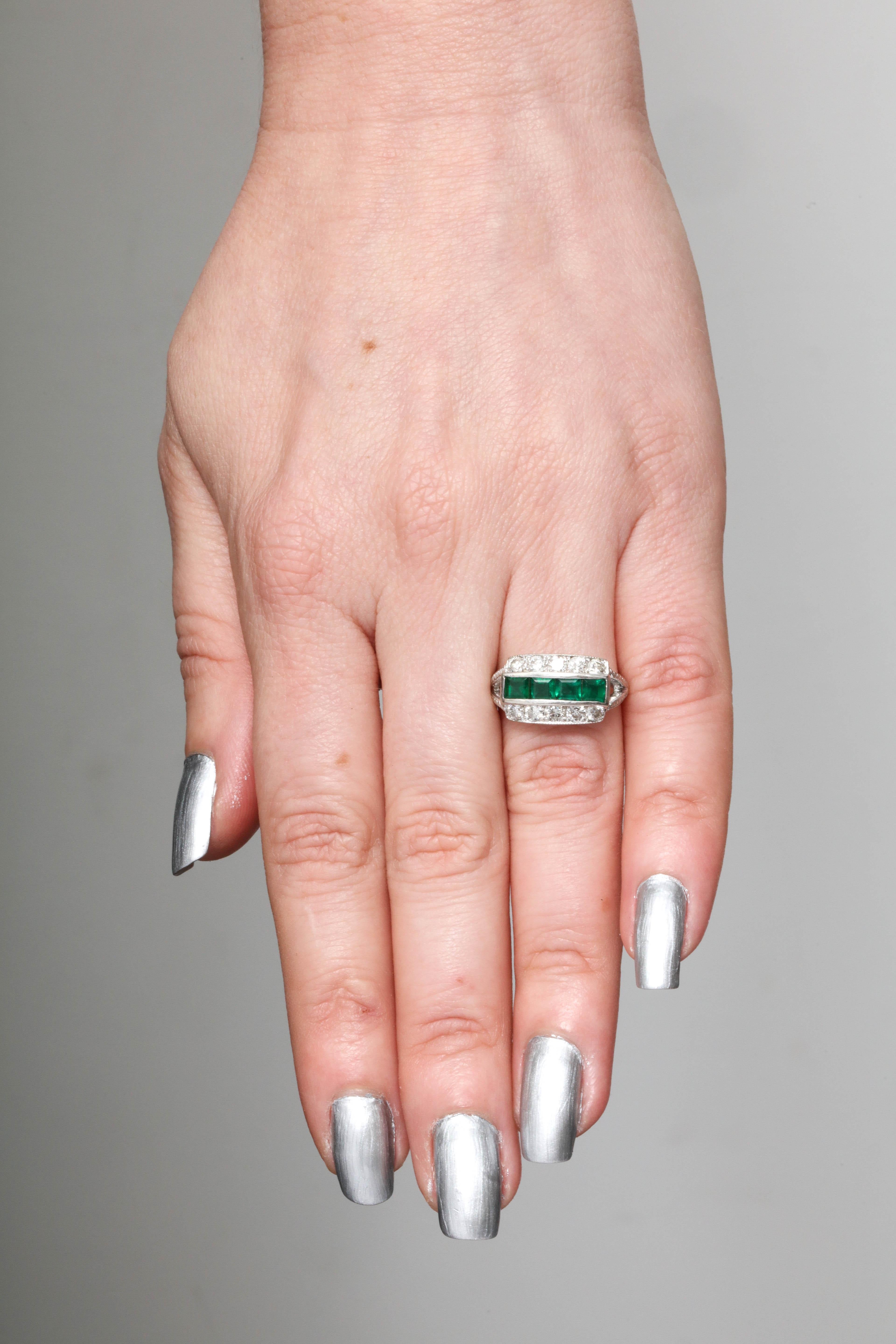 1930s Emerald Cut Emeralds with Diamonds Band Style White Gold Ring 4