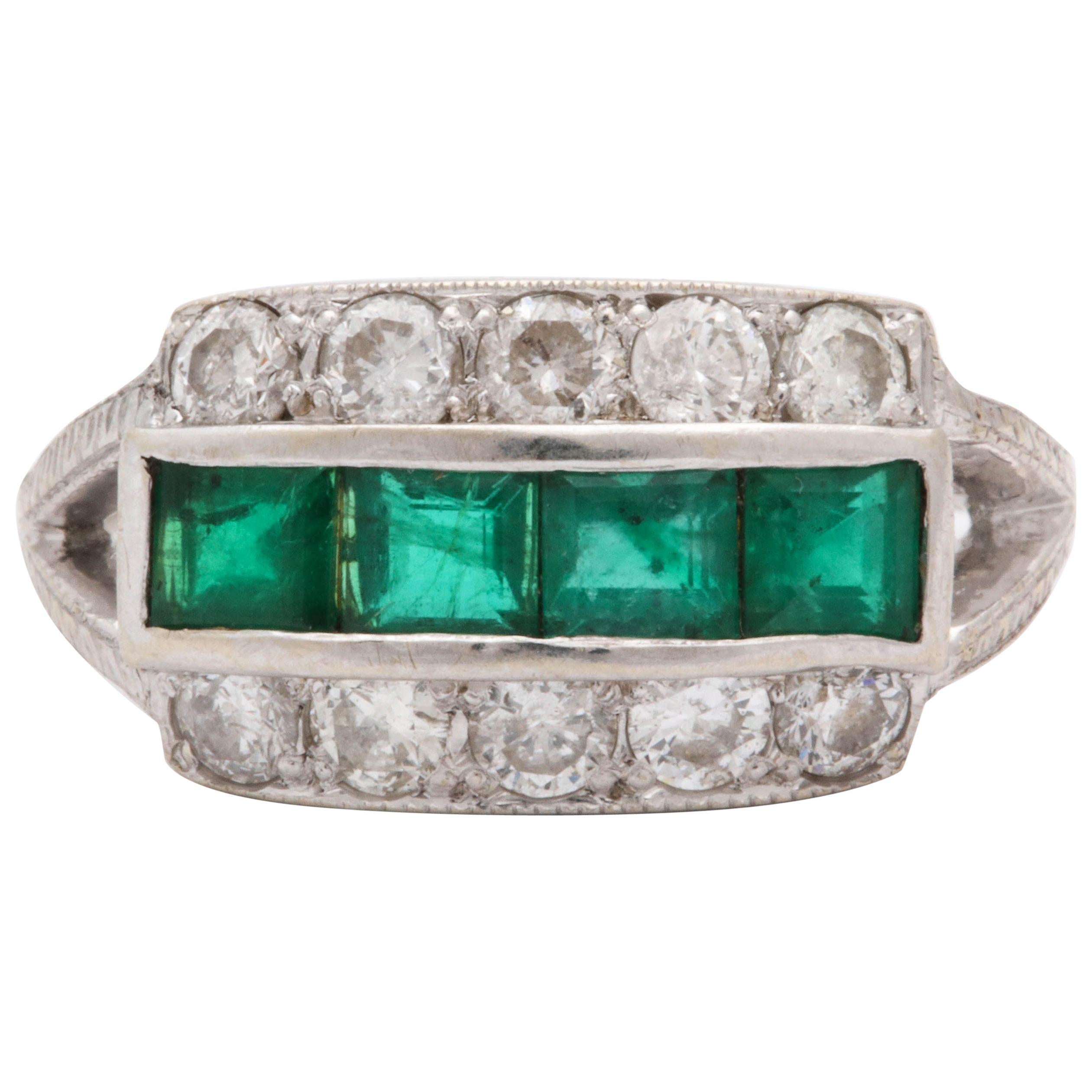 1930s Emerald Cut Emeralds with Diamonds Band Style White Gold Ring