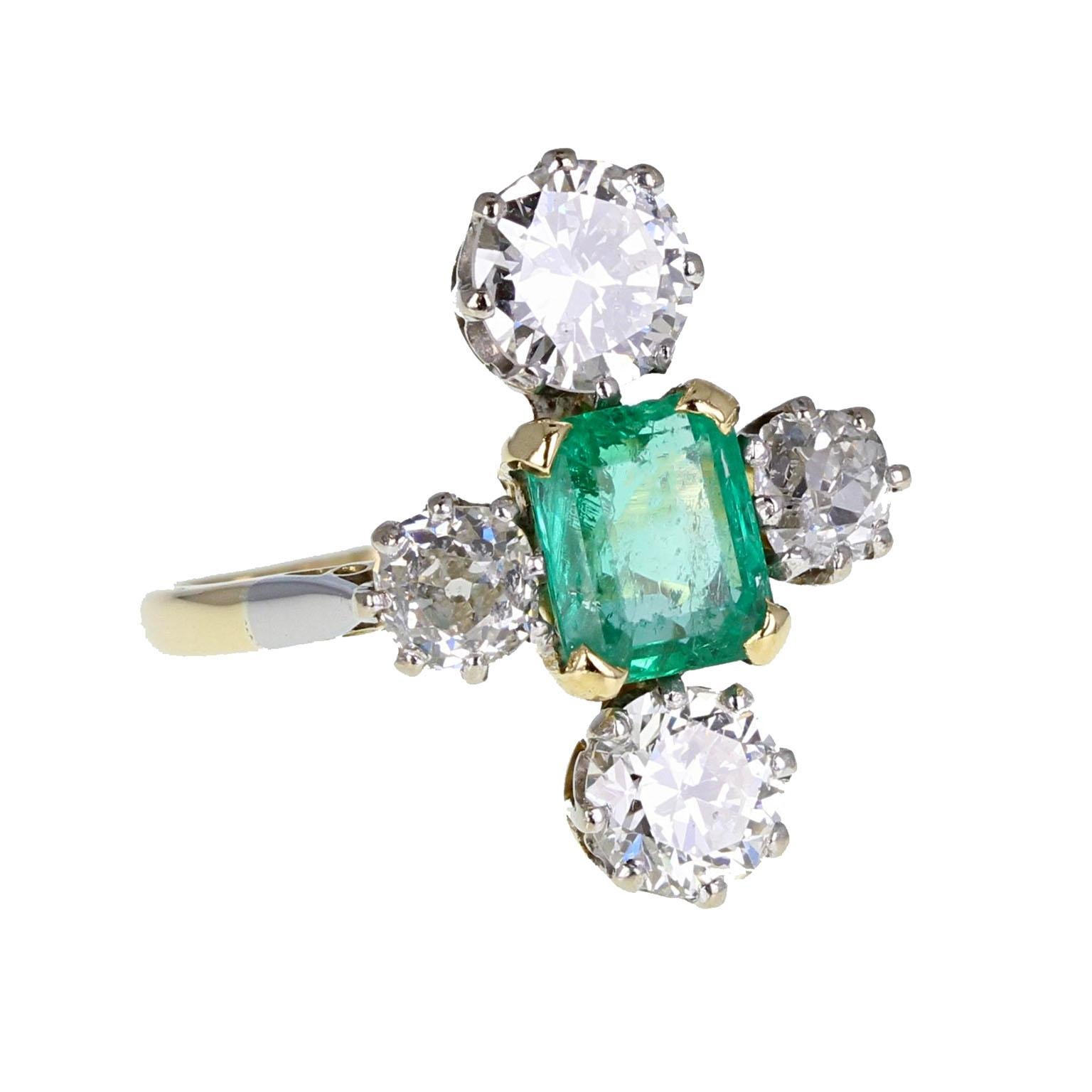 Art Deco 1930s Emerald Diamond Cluster Ring For Sale