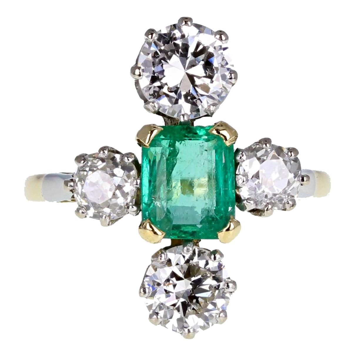 1930s Emerald Diamond Cluster Ring For Sale