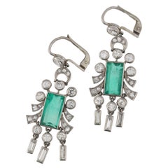 1930s Emerald Diamond Platinum Drop Earrings
