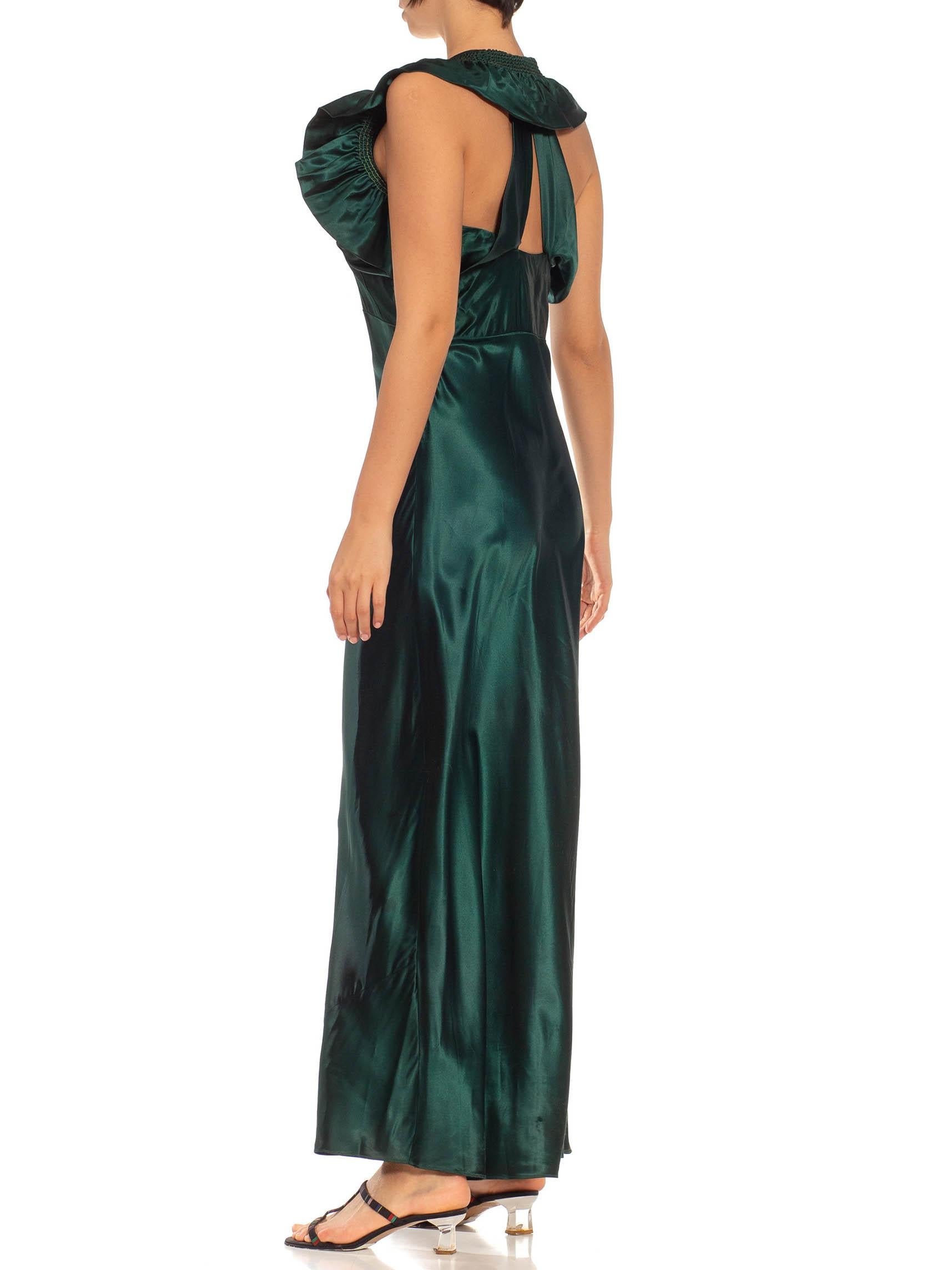 1930S Emerald Green Bias Cut Acetate Duchess Satin Open Back Ruffled Gown For Sale 4