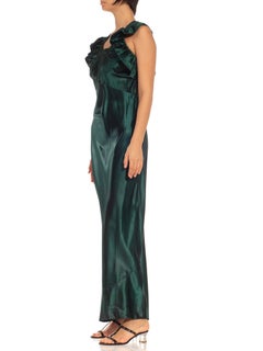1930S Emerald Green Bias Cut Acetate Duchess Satin Open Back Ruffled Gown