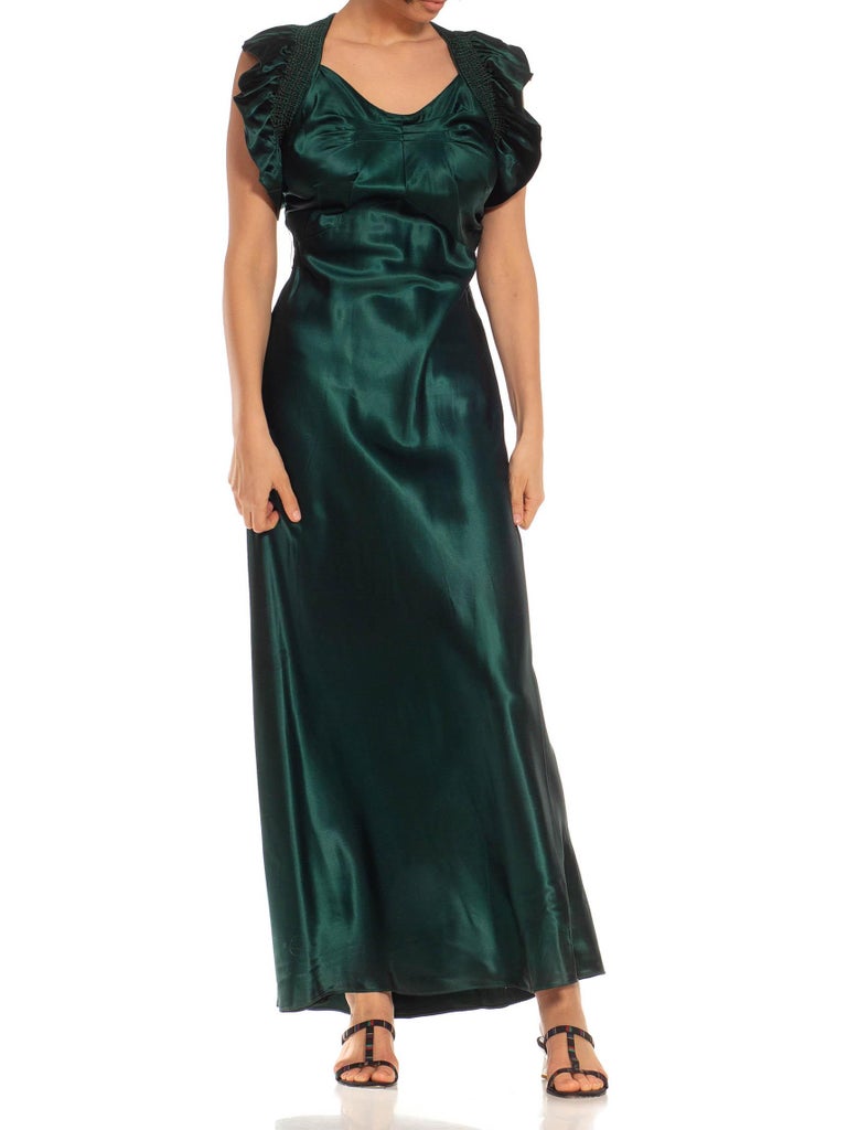 1930s Emerald Green Bias Cut Acetate Duchess Satin Open Back Ruffled Gown