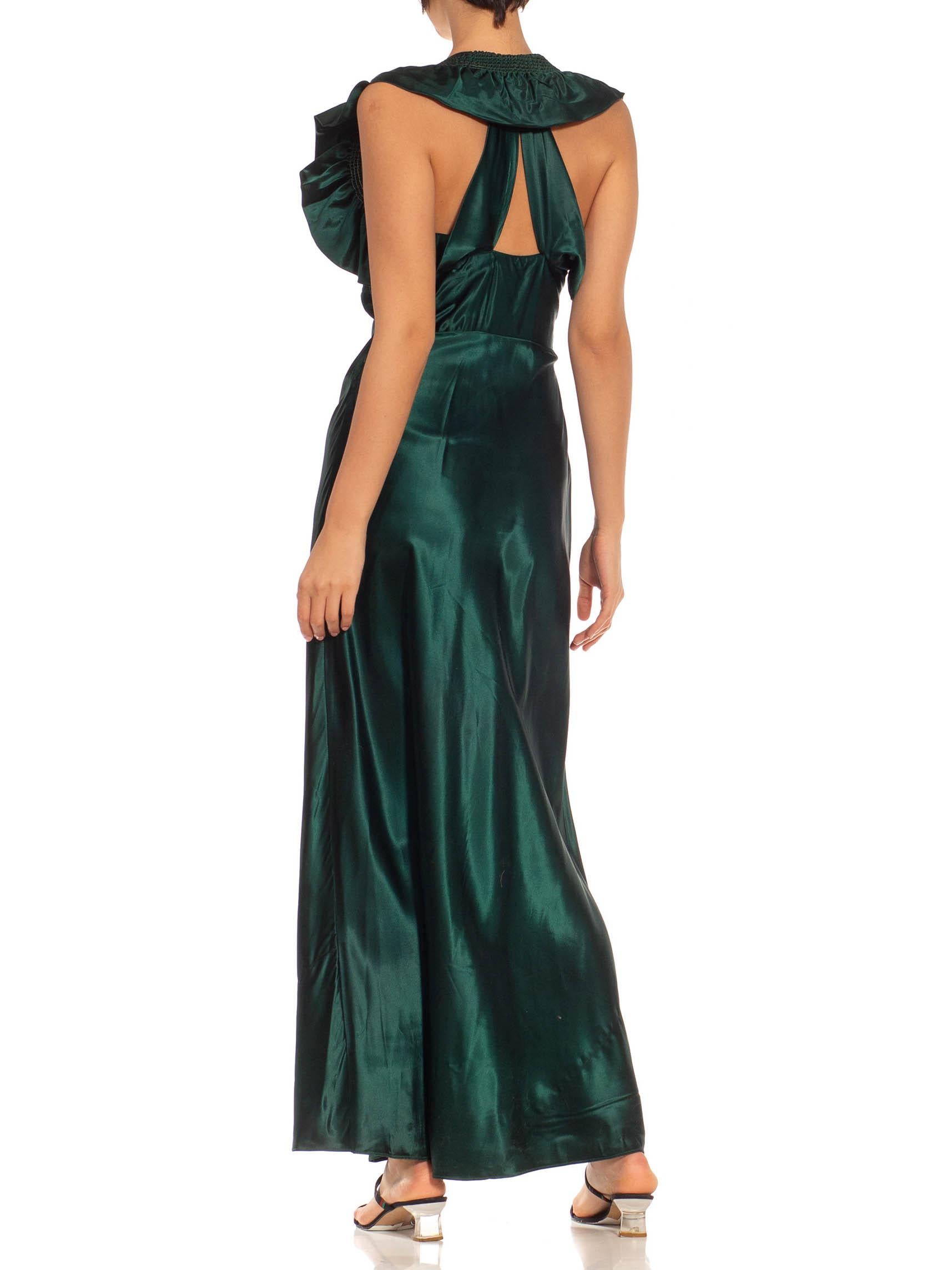 1930S Emerald Green Bias Cut Acetate Duchess Satin Open Back Ruffled Gown For Sale 2