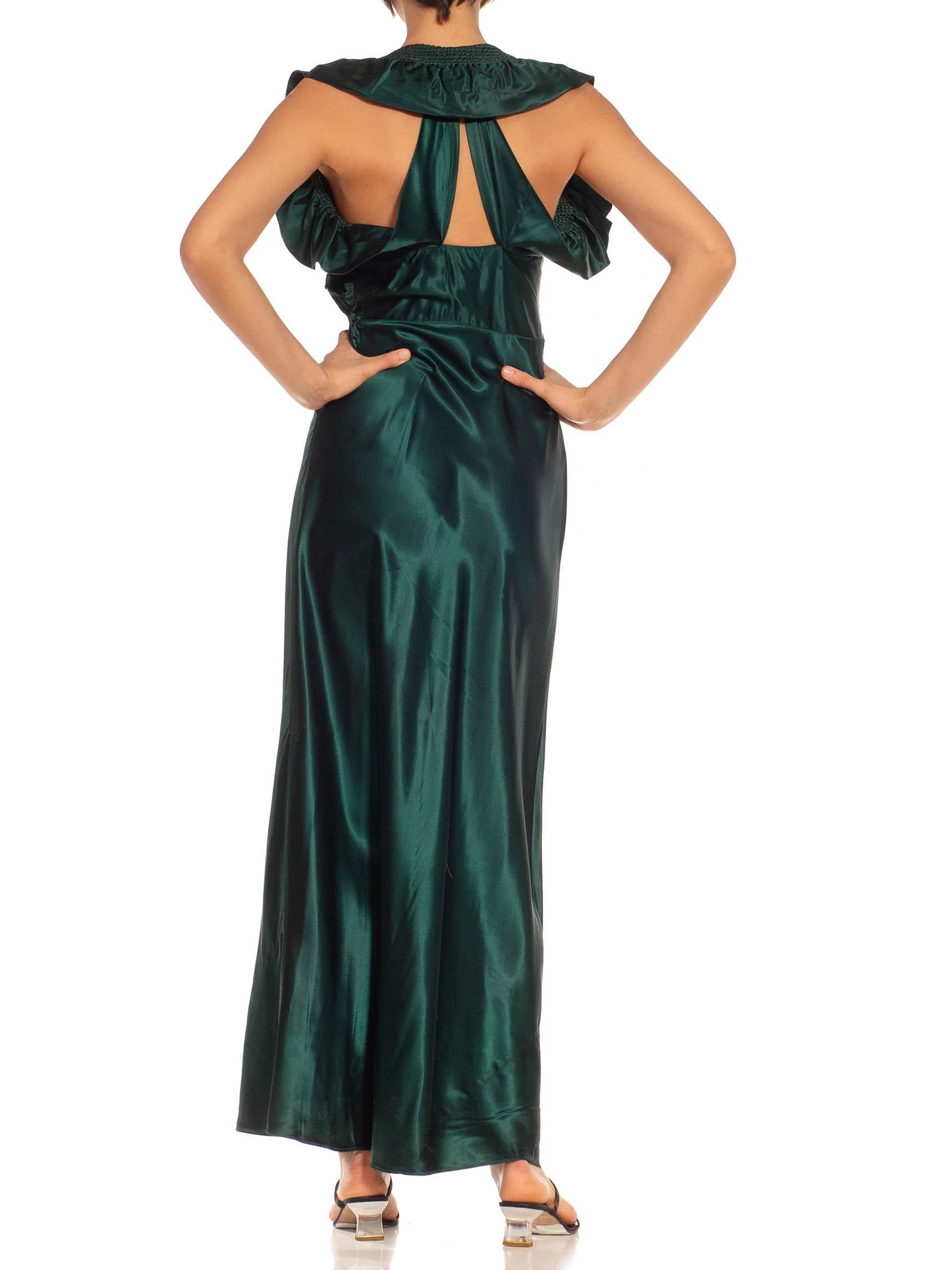 1930S Emerald Green Bias Cut Acetate Duchess Satin Open Back Ruffled Gown For Sale 3