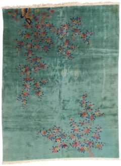 Antique 1930's Emerald Green Chinese Art Deco Rug with Traditional Style