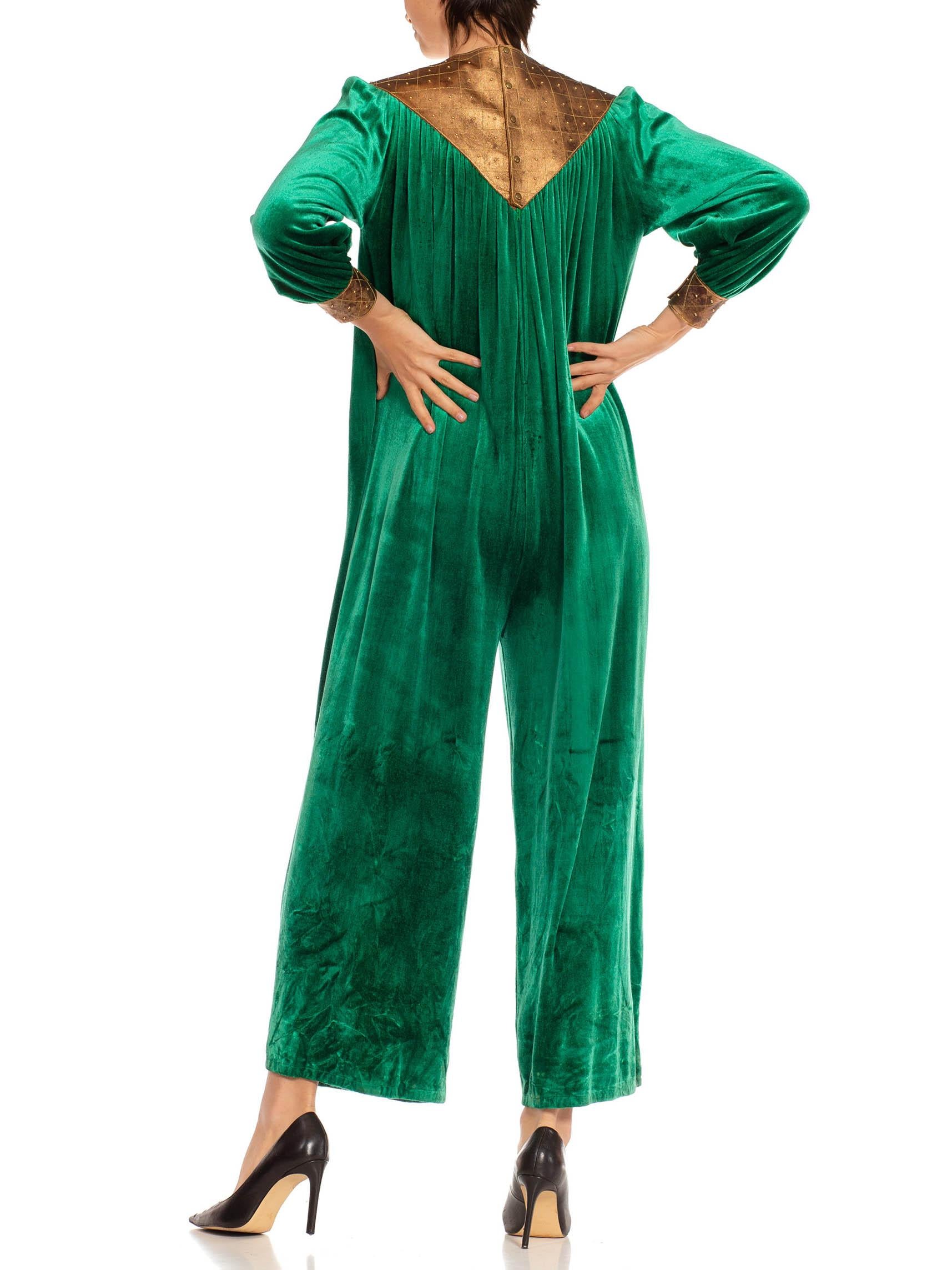 1930S Emerald Green & Gold Polyester Velvet Jumpsuit Made In Italy For Sale 3