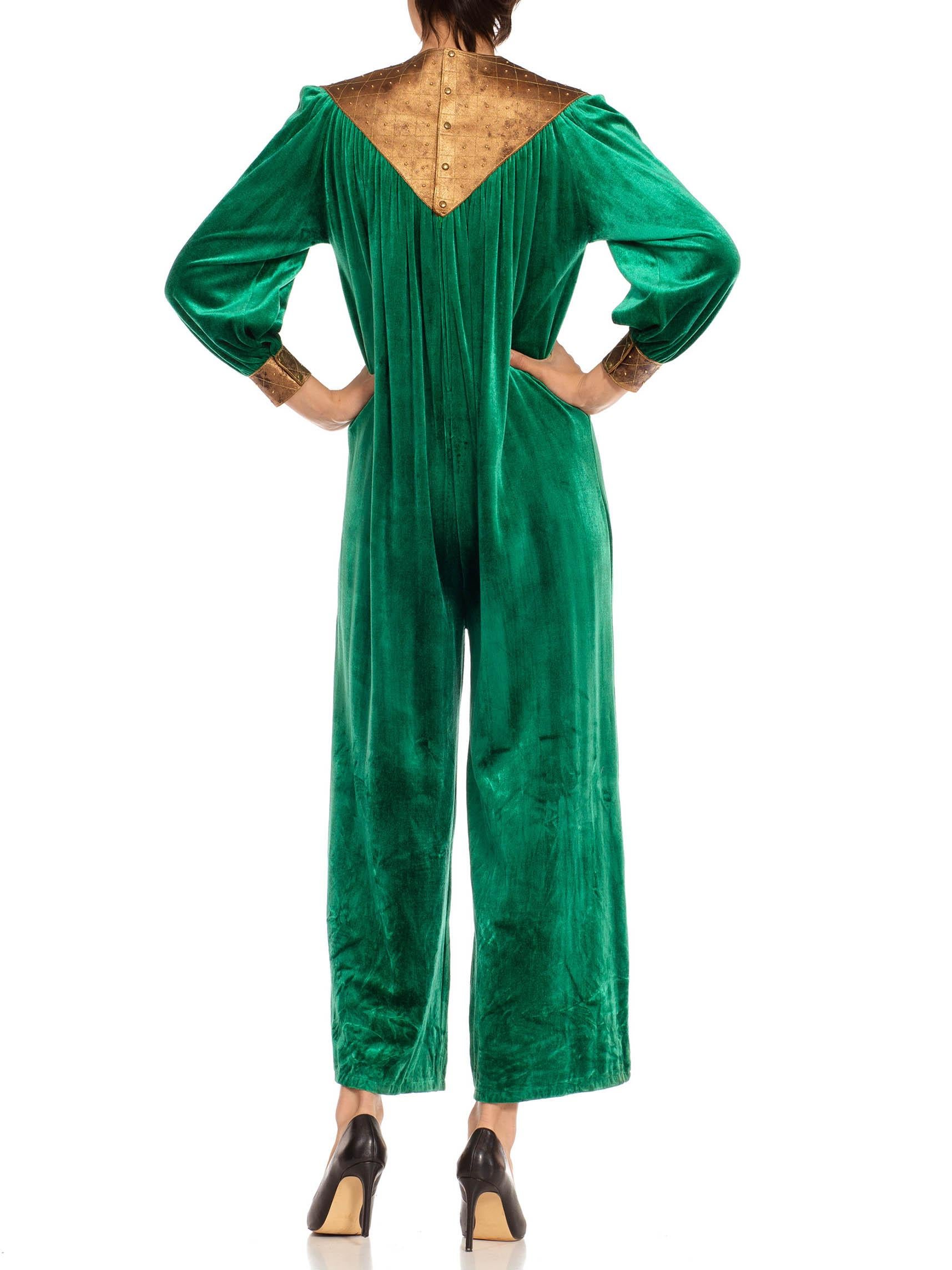 1930S Emerald Green & Gold Polyester Velvet Jumpsuit Made In Italy For Sale 1