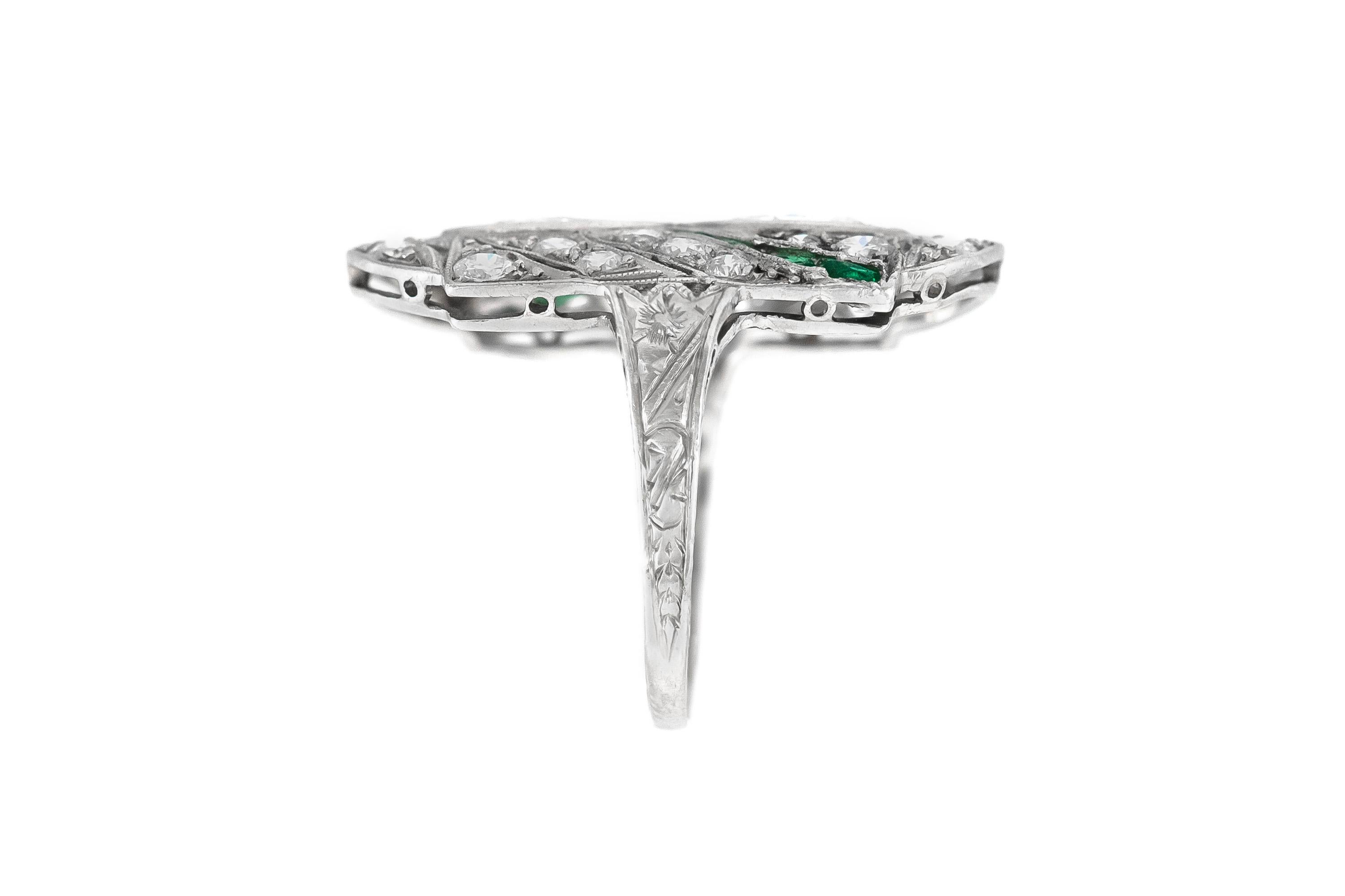 The ring is finely crafted in platinum with emerald and diamonds weighing approximately total of 1.50 carat.
Size 3.50 (easy to resize)
Circa 1930.
