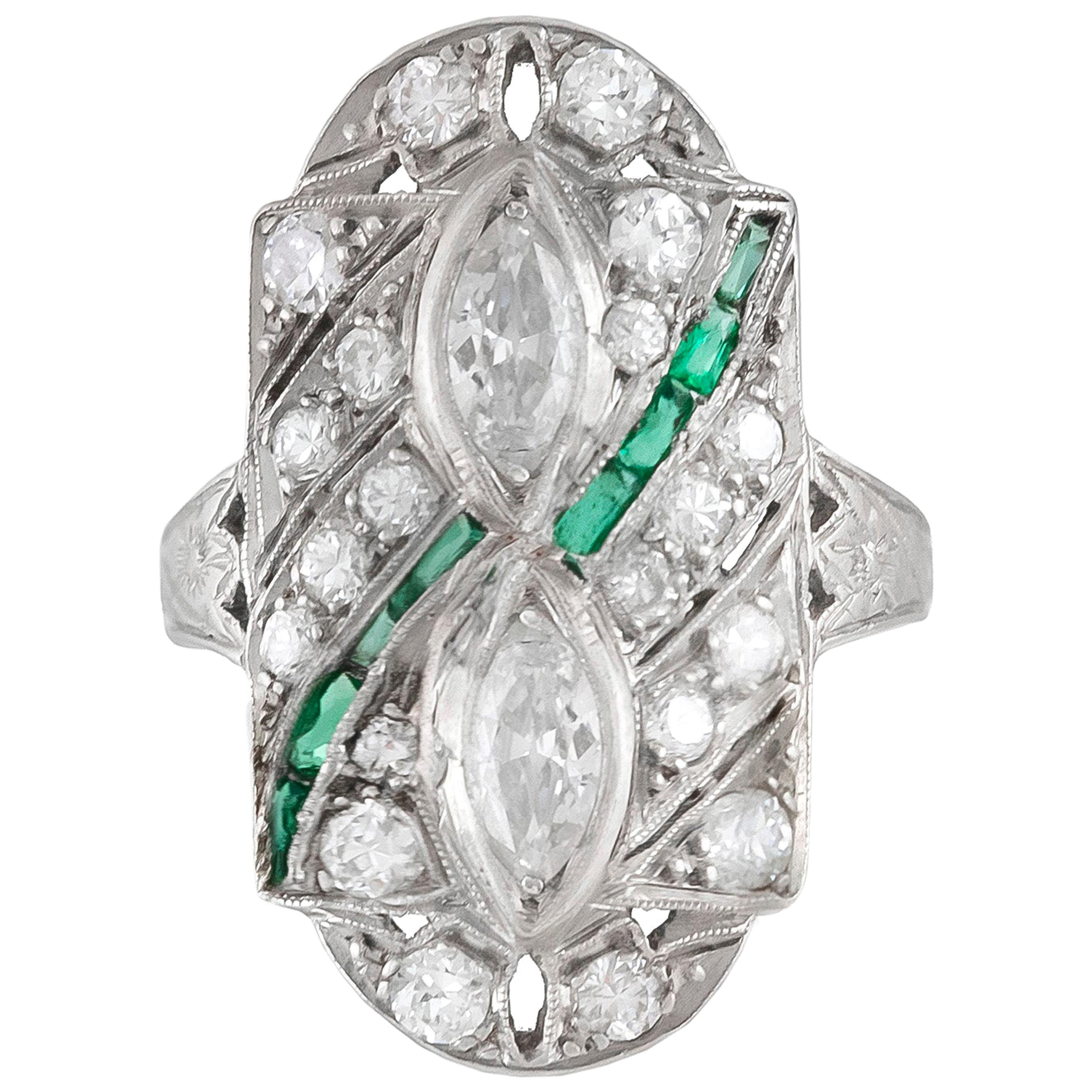 1930s Emerald Stone and Marquise and Round Ring For Sale