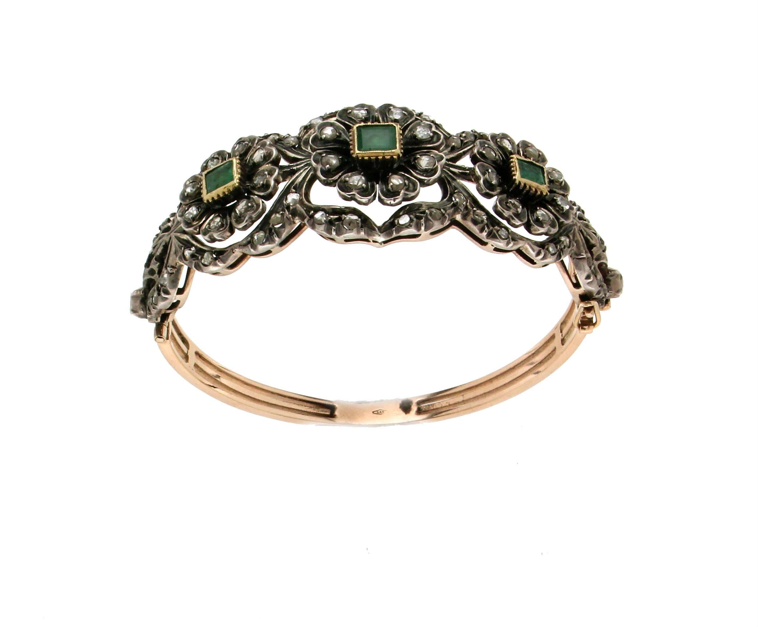 Retro Emeralds Gold Diamonds Bangle Bracelet