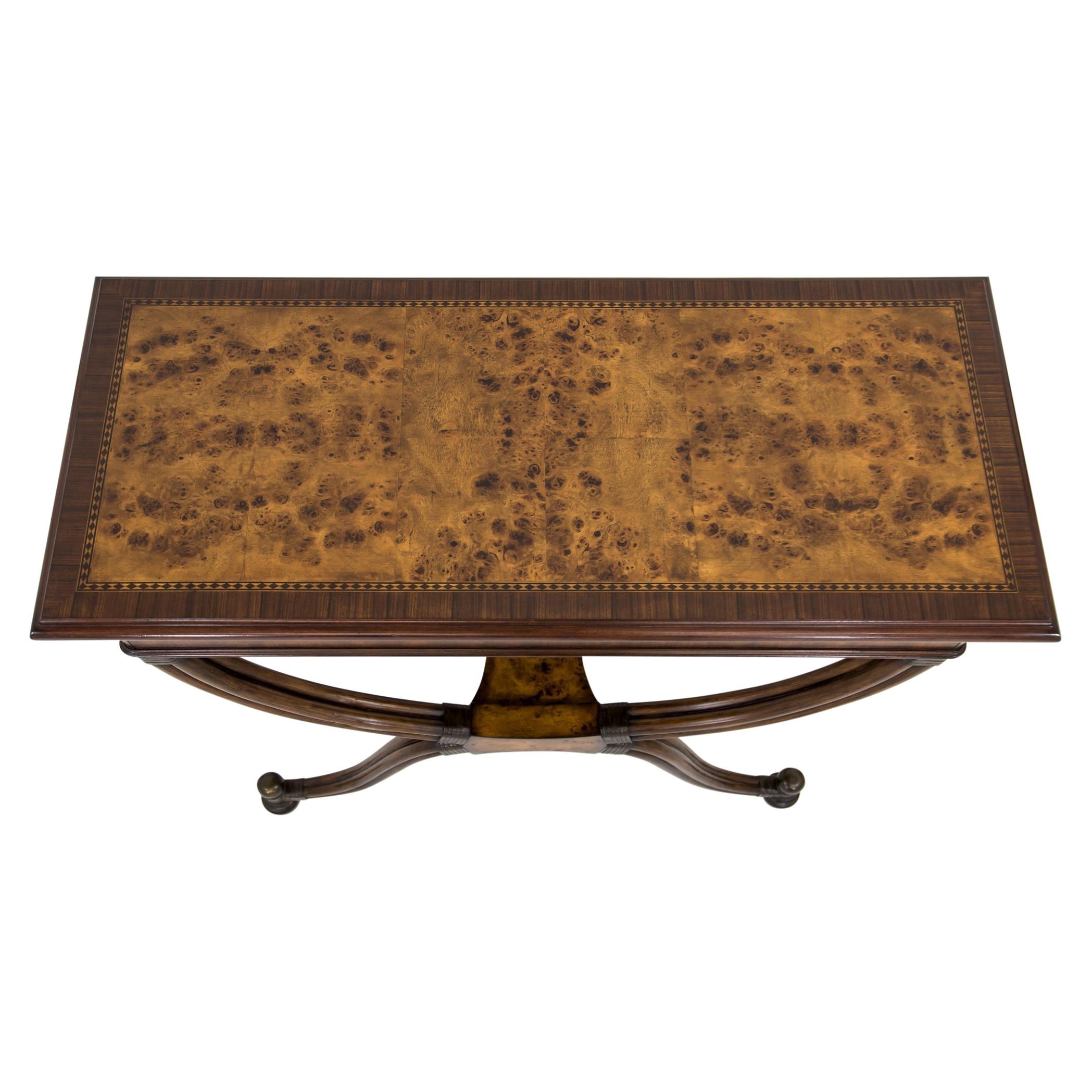 Early 20th century server, hall or console table with burlwood top surface edged in intricate inlay and macassar ebony. The cerule-like curved legs are made up of four tapered bentwood rods joined together and wrapped at each end with leather laces.
