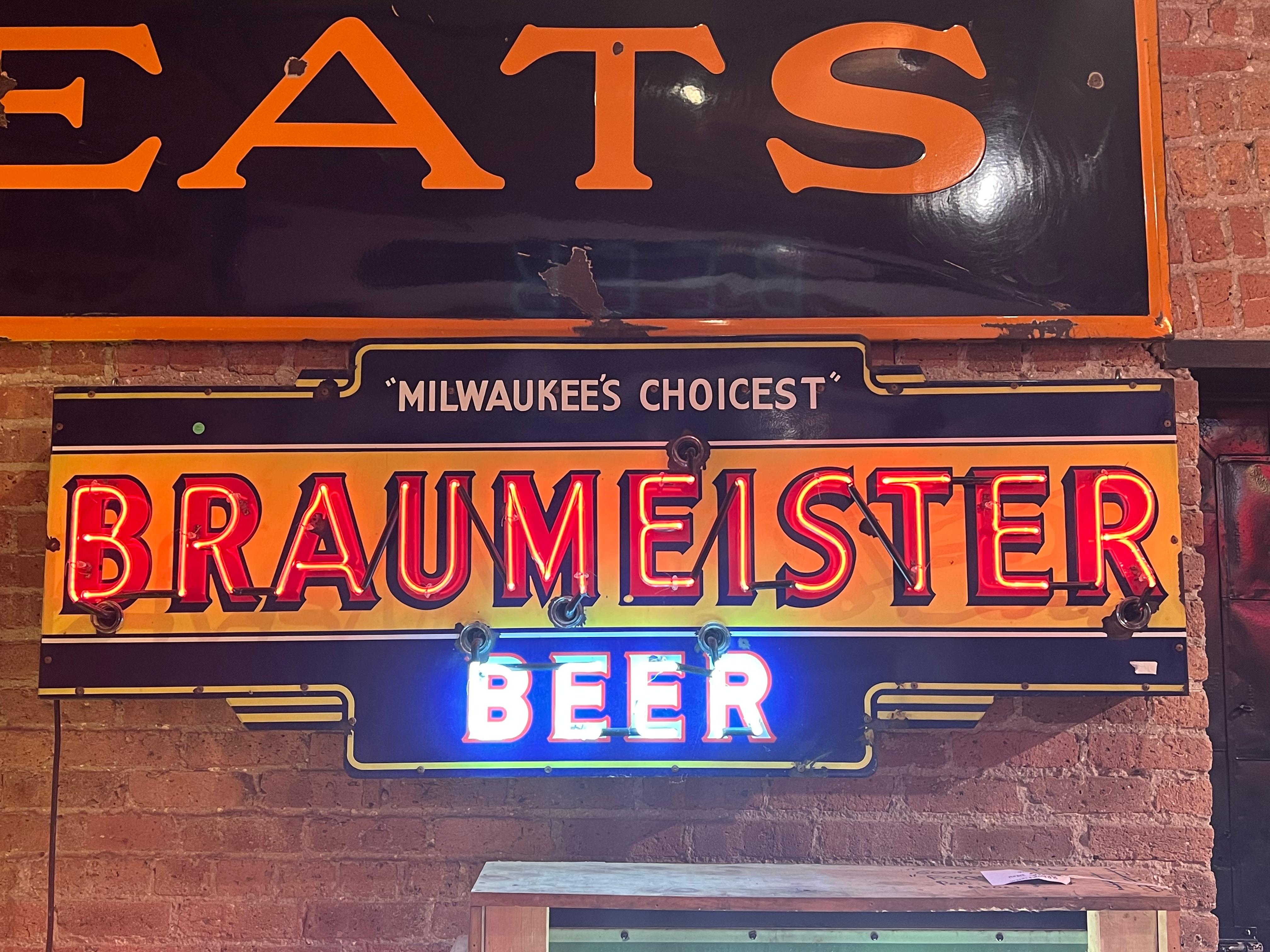 1930’s enamel and neon sign Milwaukee’s Choicest Braumeister Beer Sign. New transformer and new wiring. Please note that it will be additional fee for shipping crate.