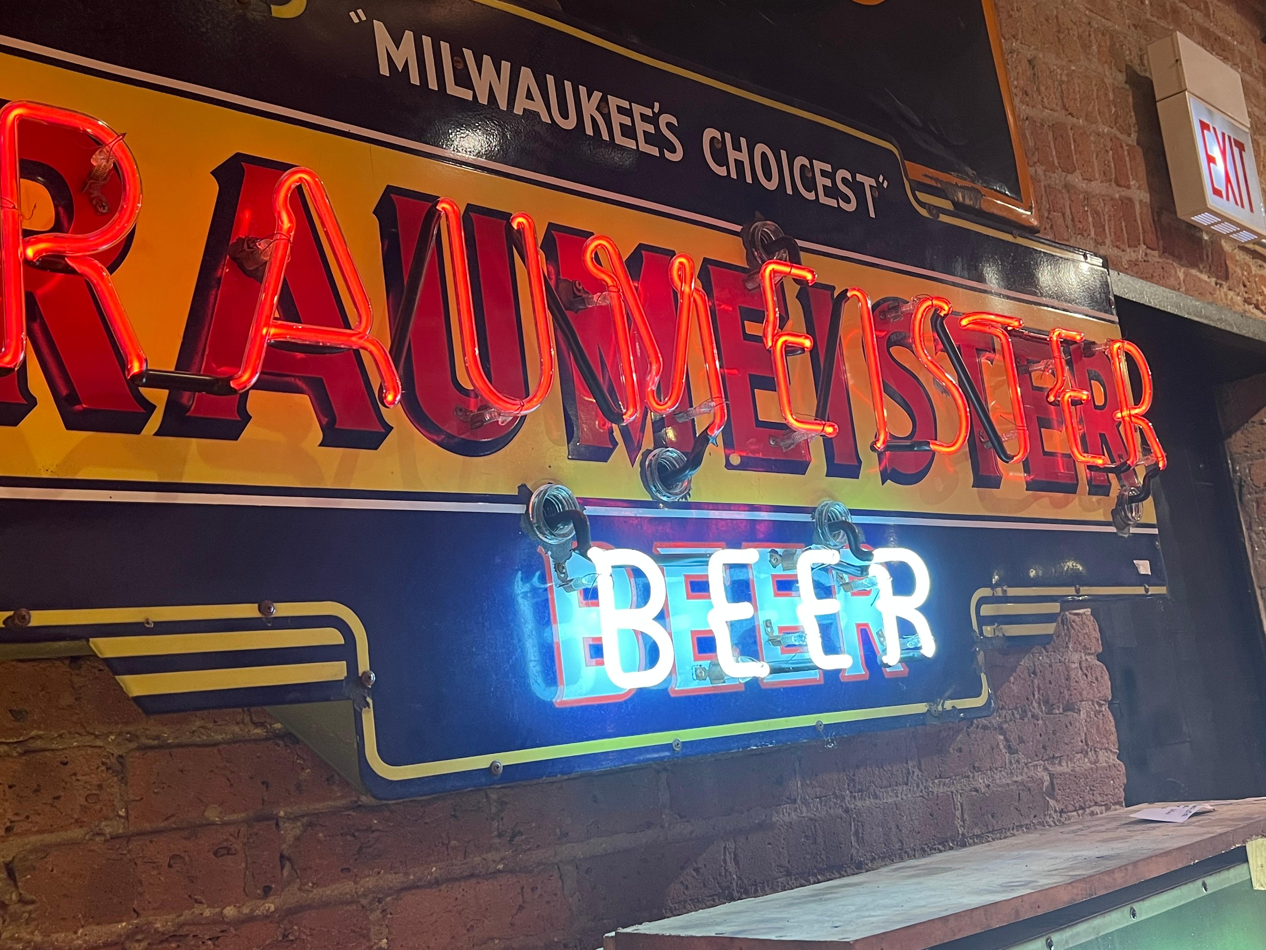 Folk Art 1930’s Enamel And Neon Braumeister Beer Sign For Sale