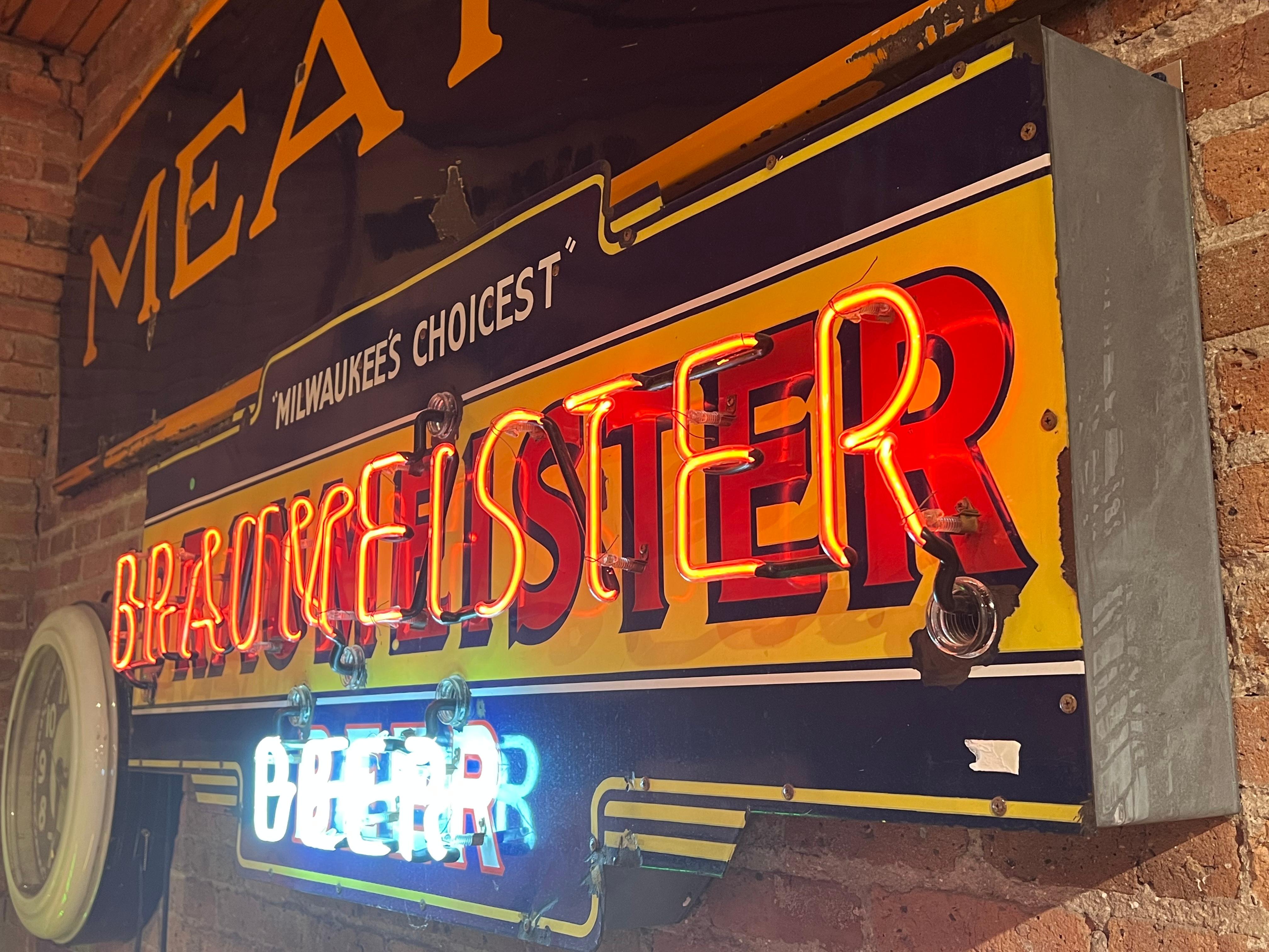American 1930’s Enamel And Neon Braumeister Beer Sign For Sale