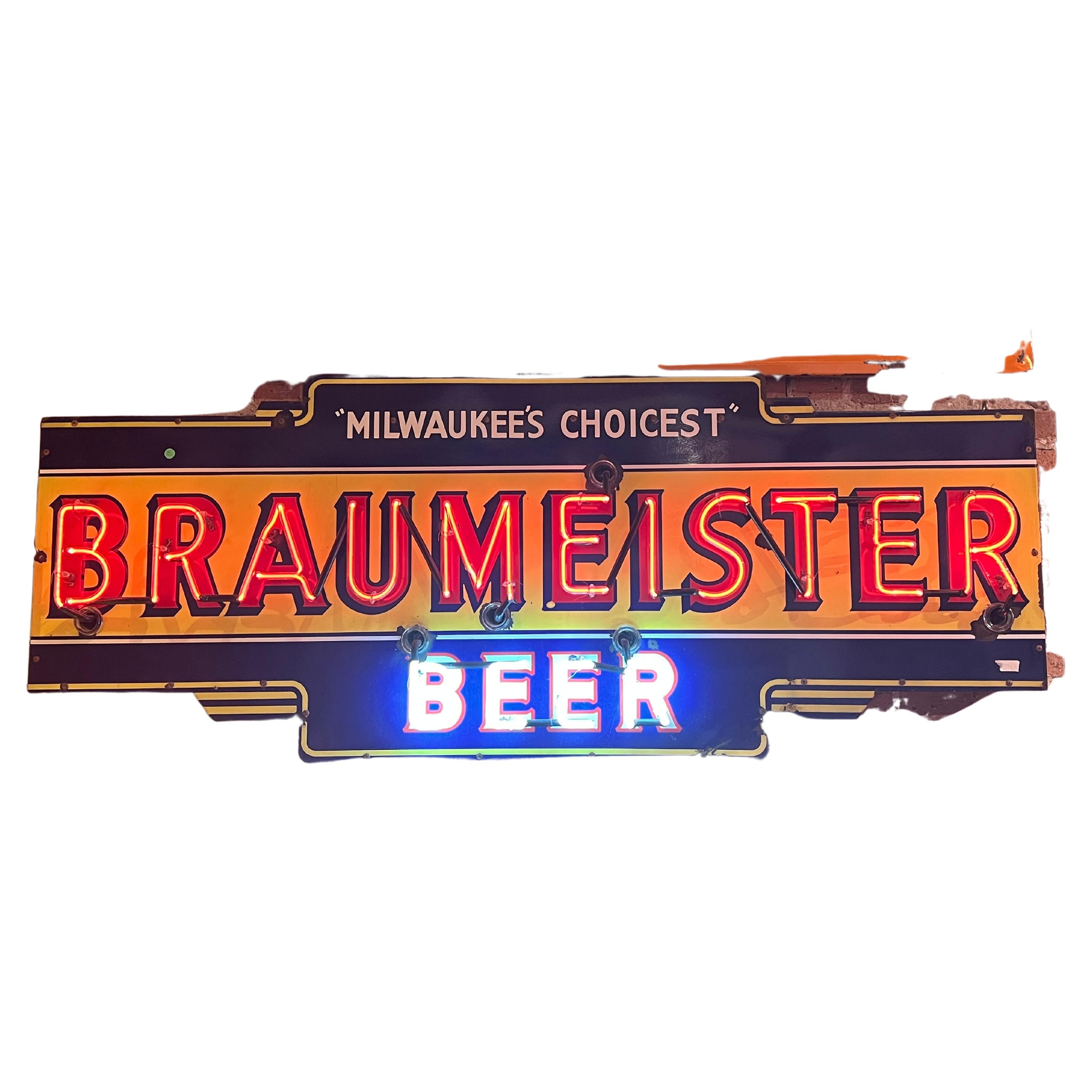 1930’s Enamel And Neon Braumeister Beer Sign For Sale
