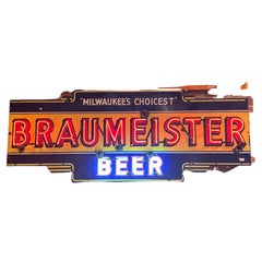 Retro 1930’s Enamel And Neon Braumeister Beer Sign