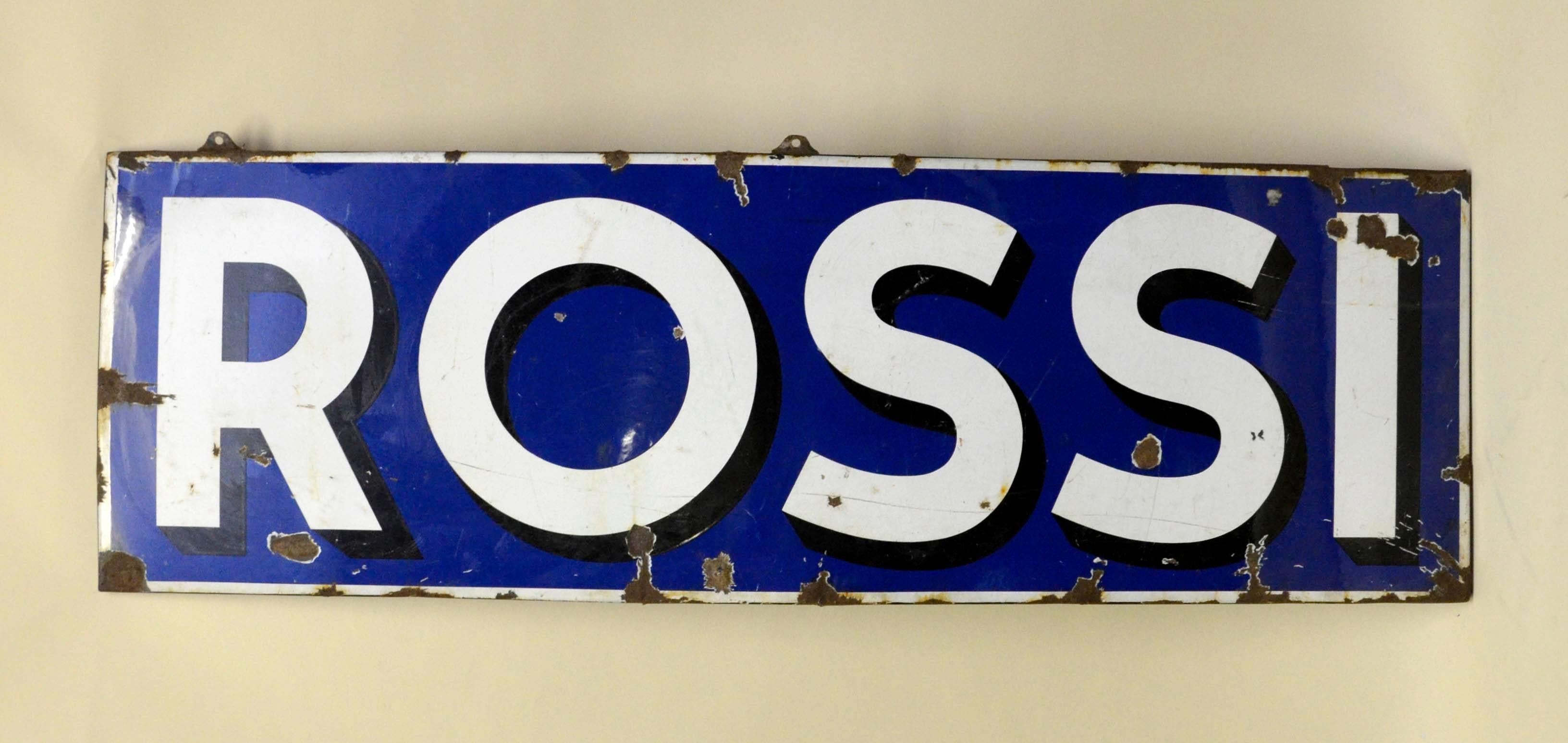 French 1930s Enamel Blue Rossi Sign from Martini & Rossi Brand Made in France For Sale