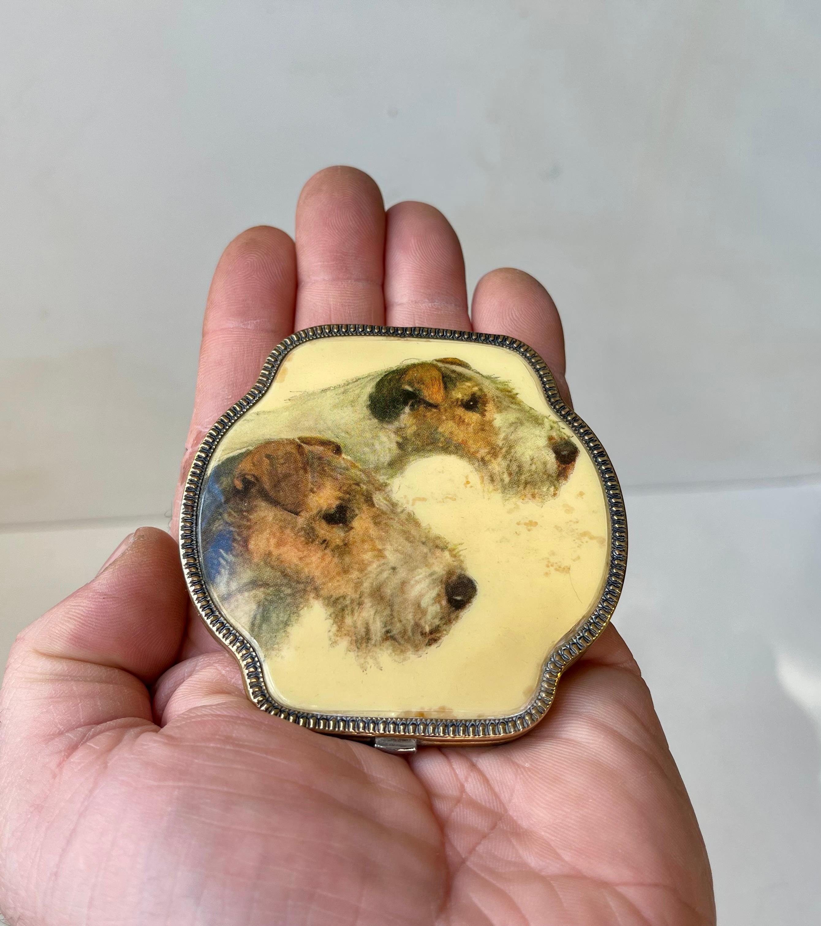 20th Century 1930s Enamel Powder Compact Pocket Mirror with Fox Terriers For Sale