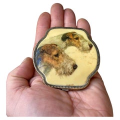 1930s Enamel Powder Compact Pocket Mirror with Fox Terriers