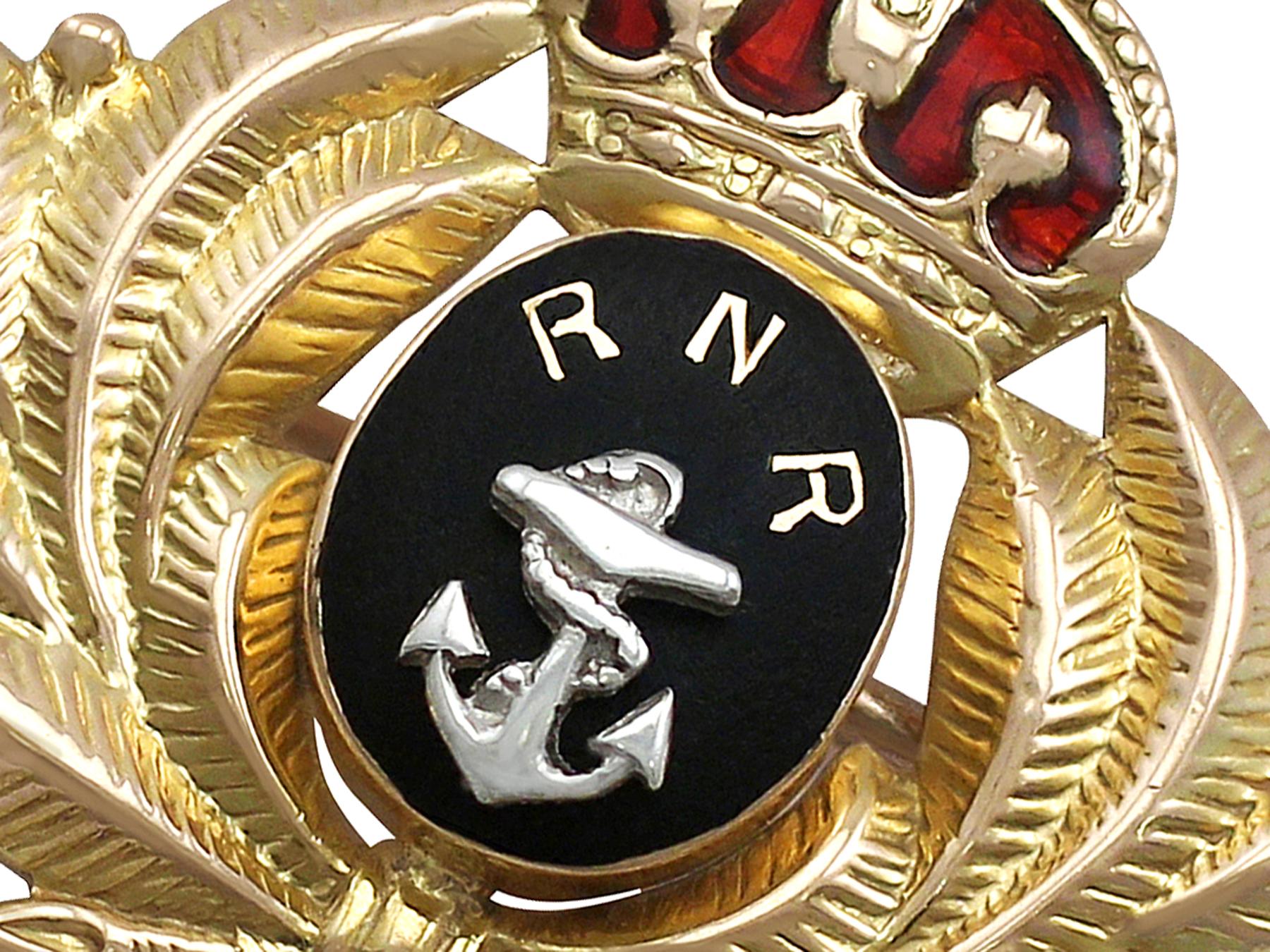 An impressive antique enamel and 15 karat yellow gold 'Royal Navy Reserve' regimental brooch; part of our diverse antique jewelry and estate jewelry collections.

This fine and impressive Royal Naval Reserve brooch has been crafted in 15k yellow