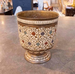 1930s Enameled Brass Vase with Oriental-style Floral Decoration