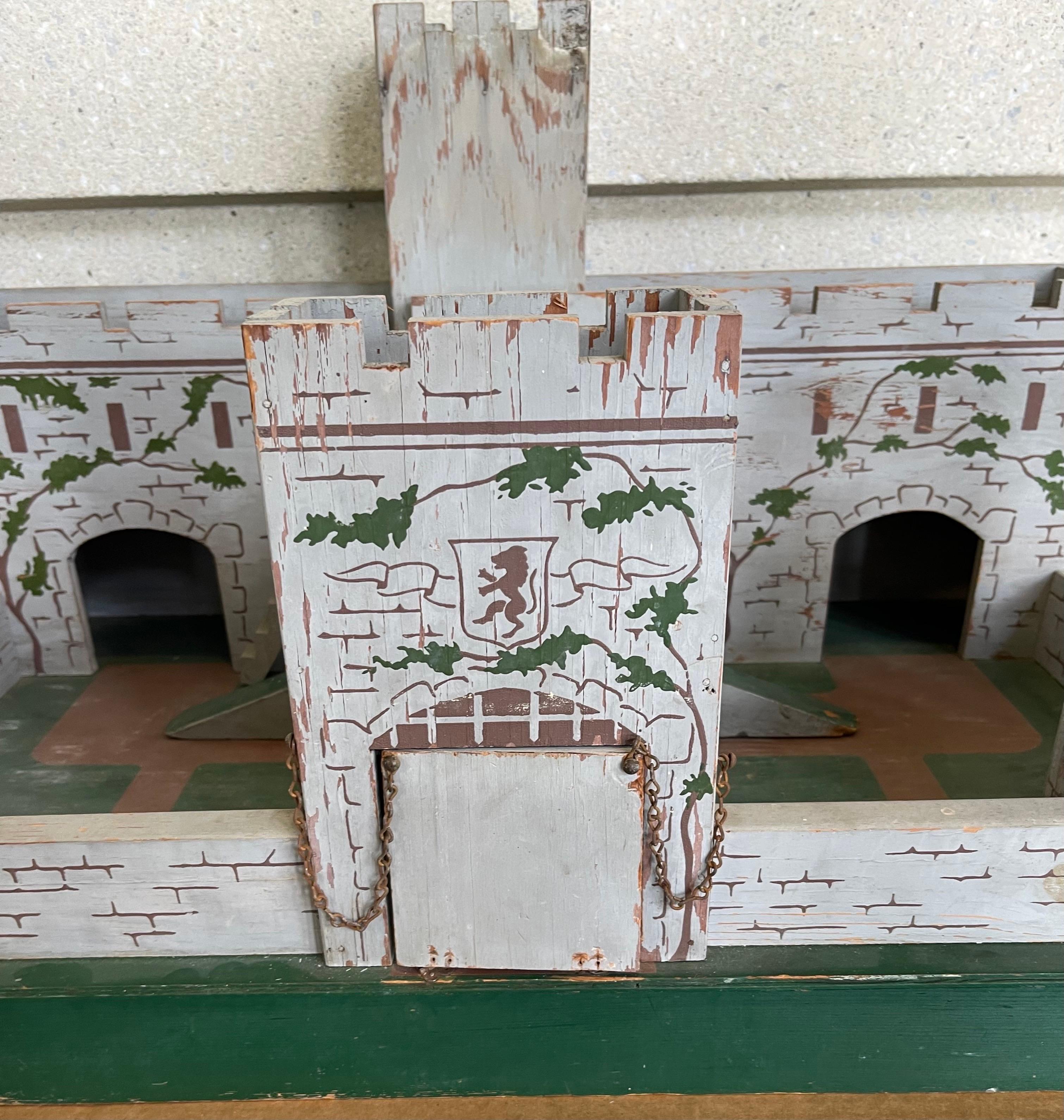 British 1930s English Antique Hand Painted Wooden Toy Solider Castle Fort For Sale