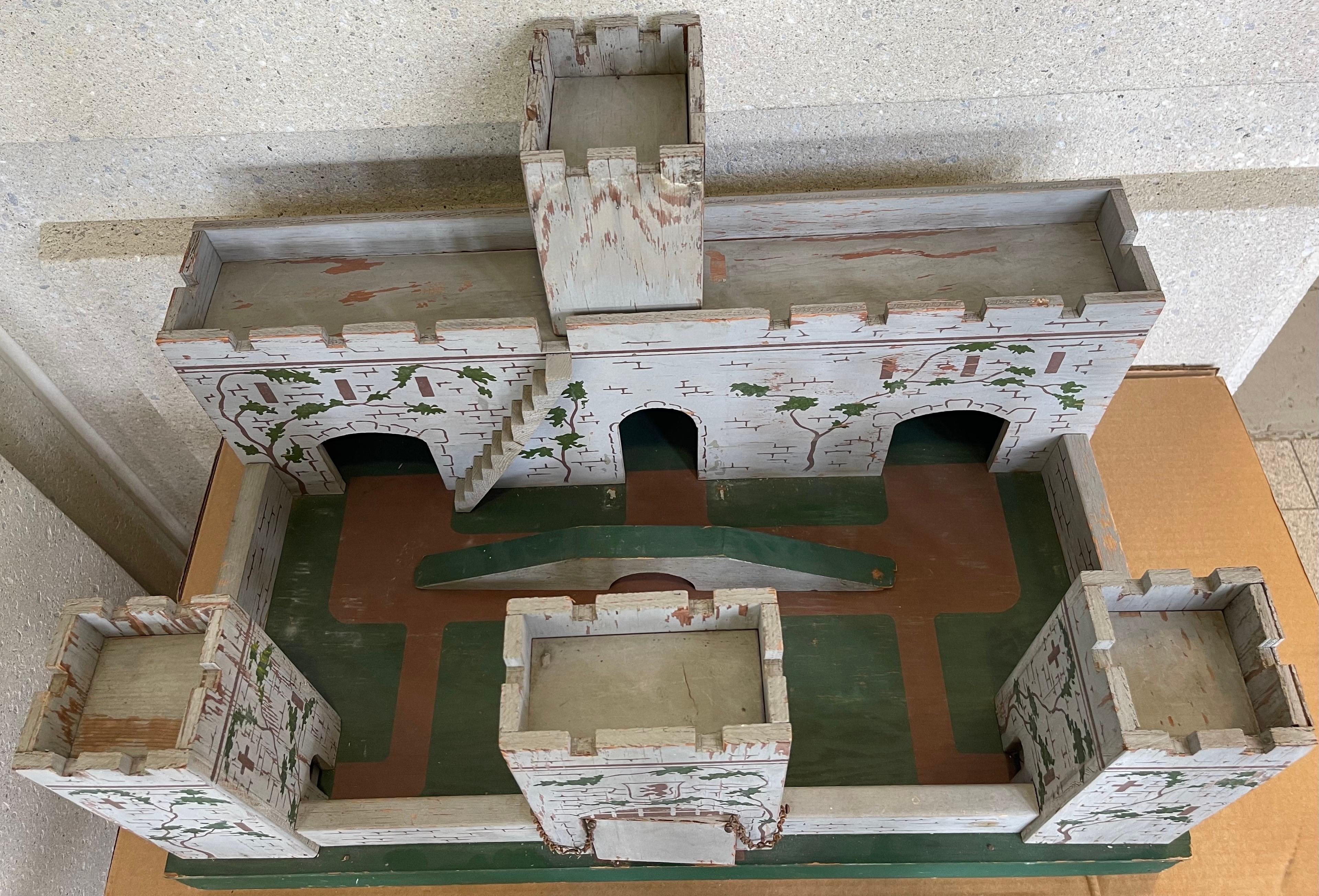 Hand-Painted 1930s English Antique Hand Painted Wooden Toy Solider Castle Fort For Sale