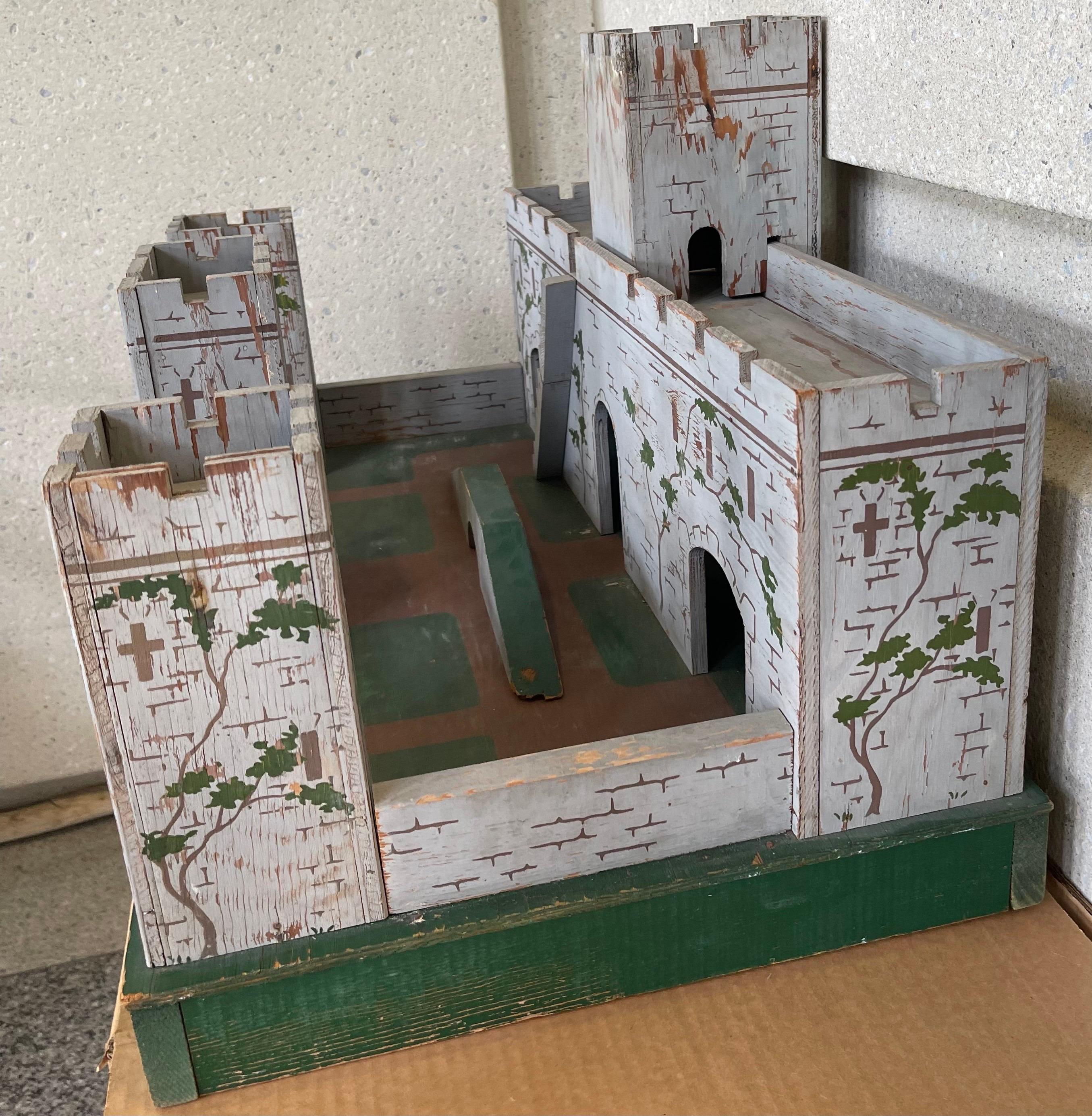 Mid-20th Century 1930s English Antique Hand Painted Wooden Toy Solider Castle Fort For Sale