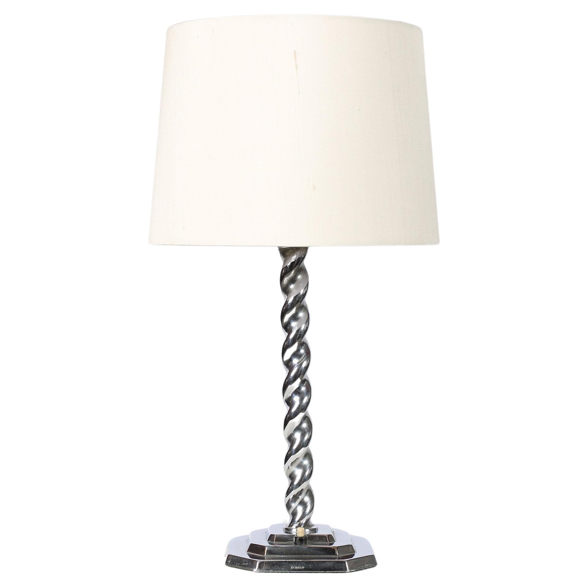 1930s English Art Deco Chromed Brass Torsade Twist Table Lamp For Sale